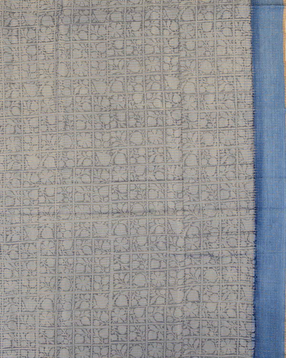 Blue Printed Chanderi Cotton Saree with Jacquard Border-HolyWeaves
