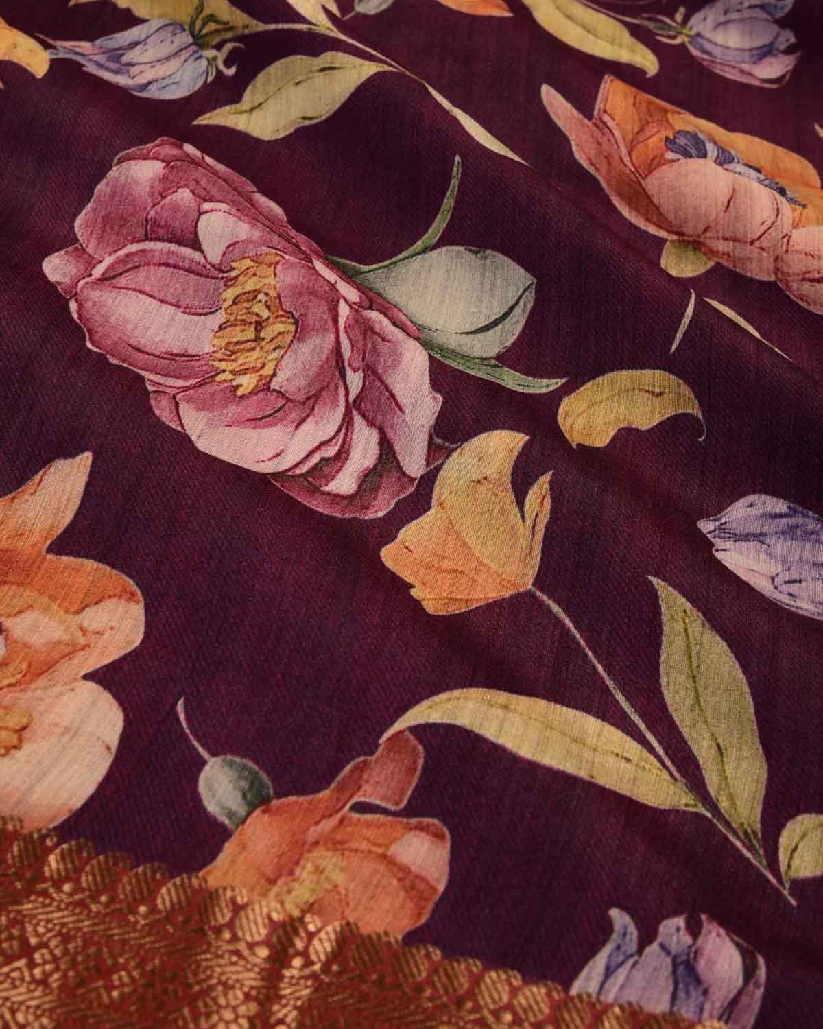 Burgundy Floral Printed Muga Silk Saree with Zari Border-HolyWeaves