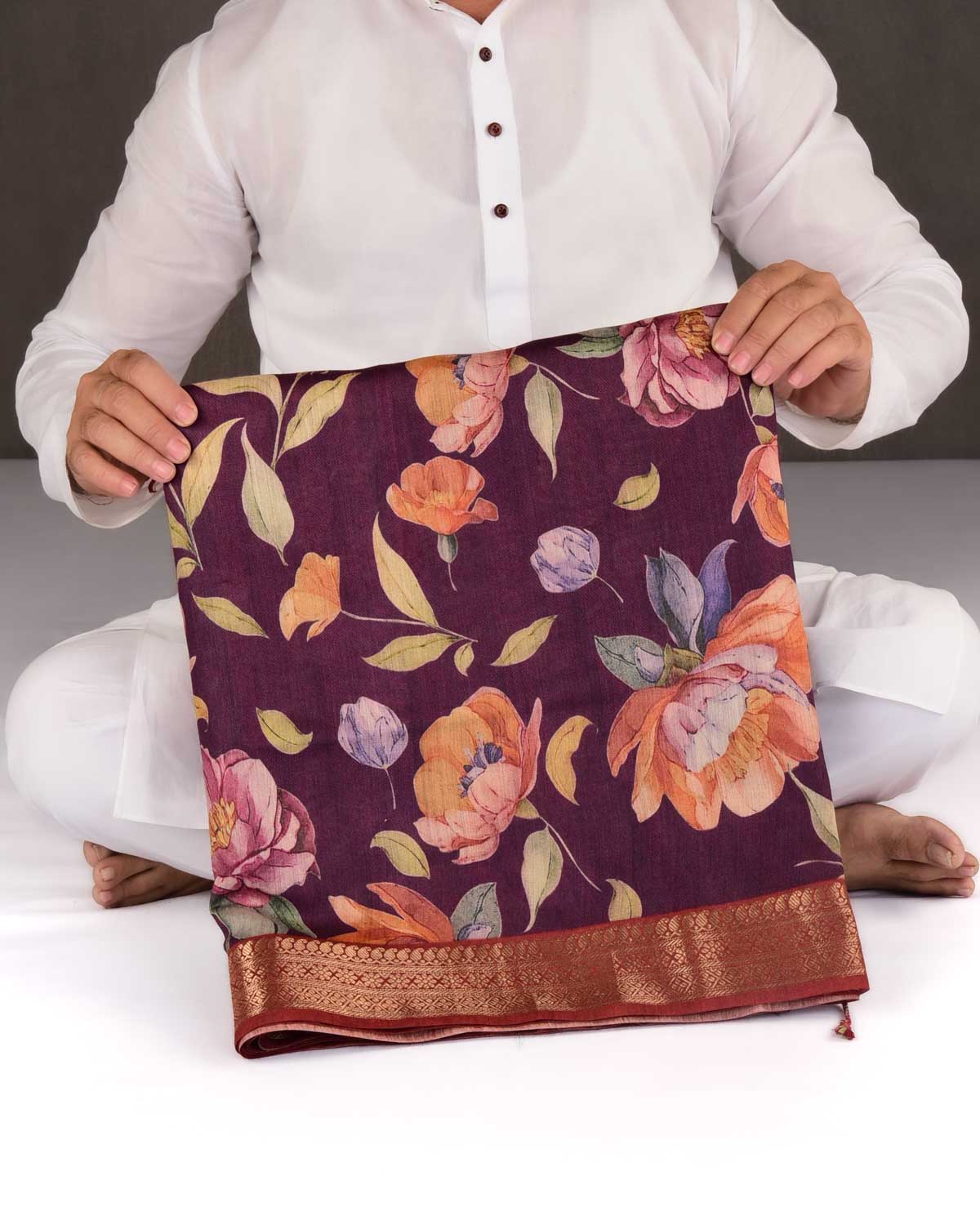 Burgundy Floral Printed Muga Silk Saree with Zari Border-HolyWeaves