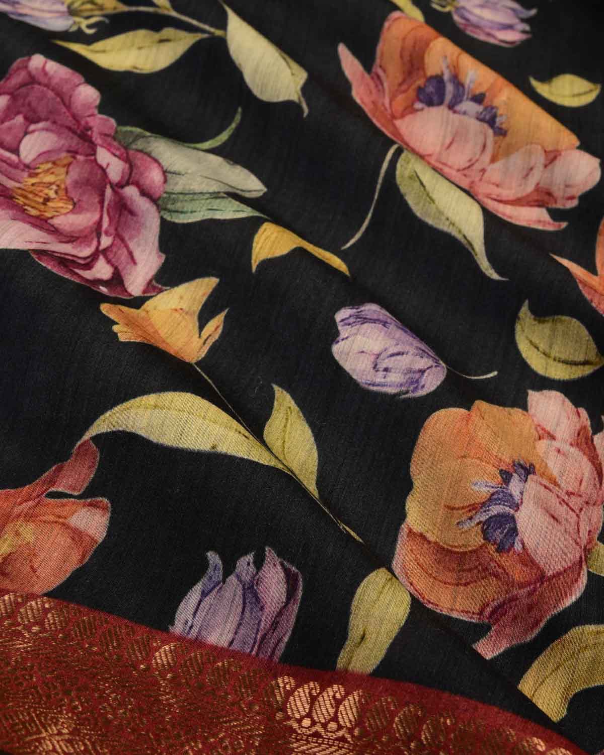 Black Floral Printed Muga Silk Saree with Zari Border-HolyWeaves