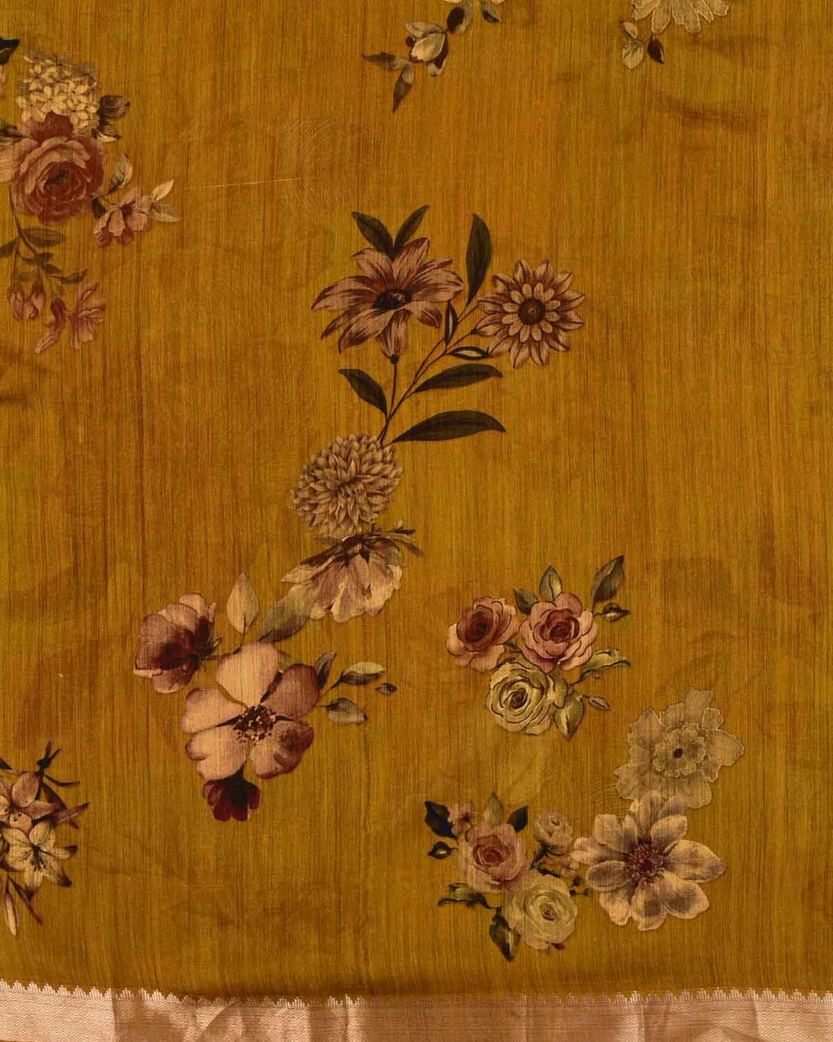 Mustard Yellow Floral Printed Muga Silk Saree with Zari Border-HolyWeaves
