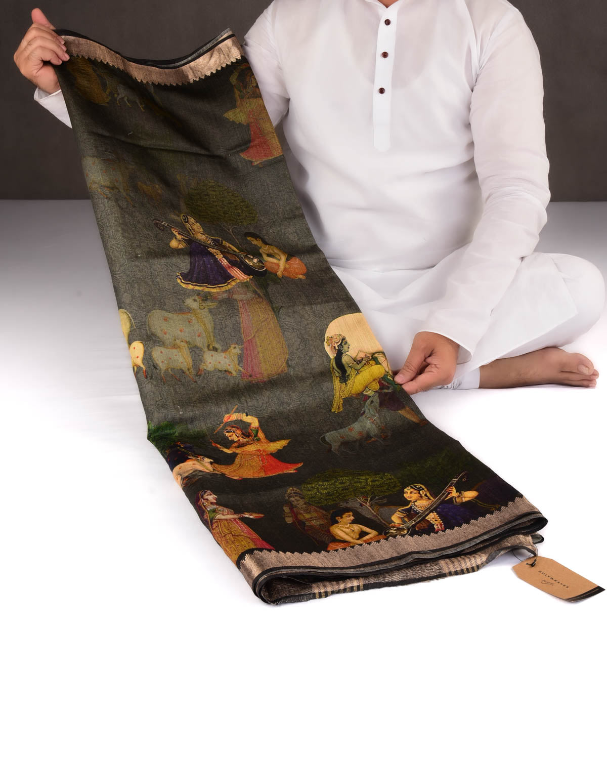 Gray Pichwai Printed Muga Silk Saree with Zari Border-HolyWeaves