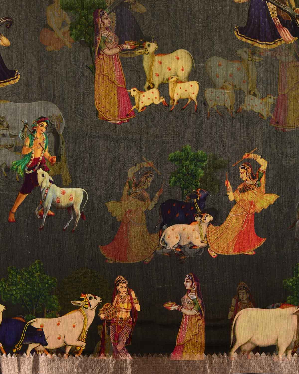 Gray Pichwai Printed Muga Silk Saree with Zari Border-HolyWeaves