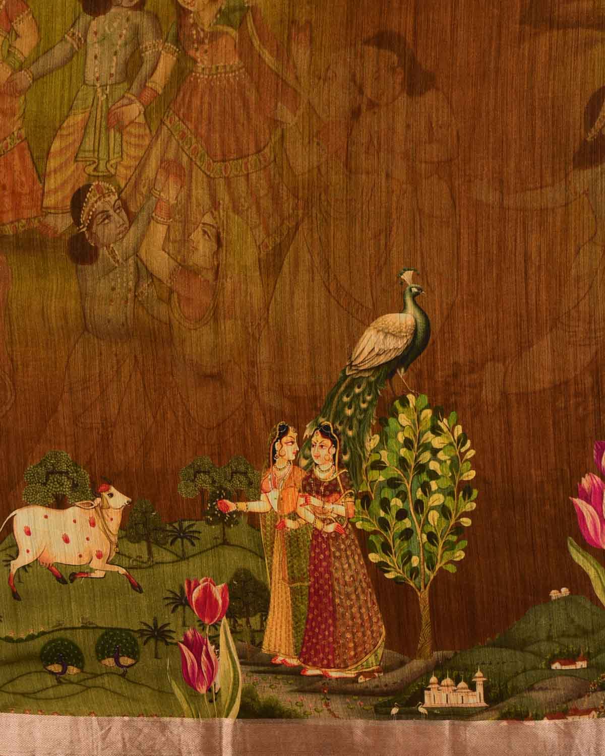 Mustard Yellow Pichwai Printed Muga Silk Saree with Zari Border-HolyWeaves