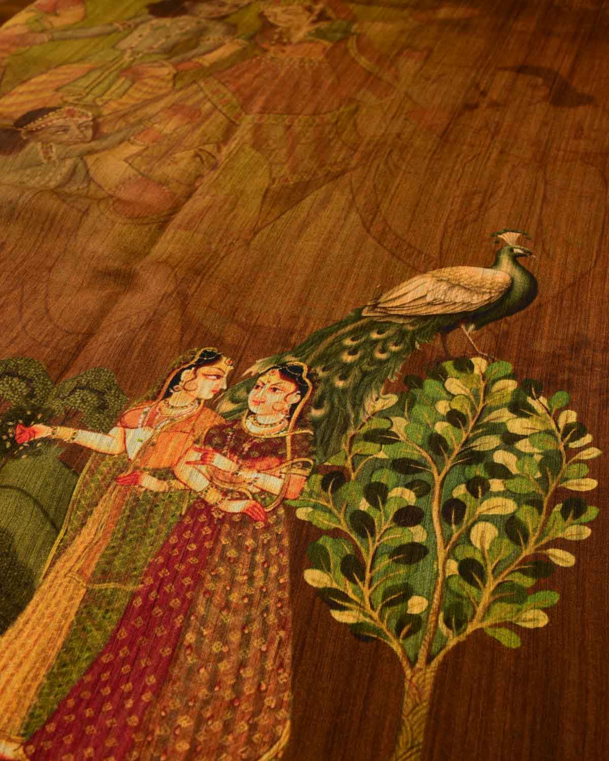 Mustard Yellow Pichwai Printed Muga Silk Saree with Zari Border-HolyWeaves