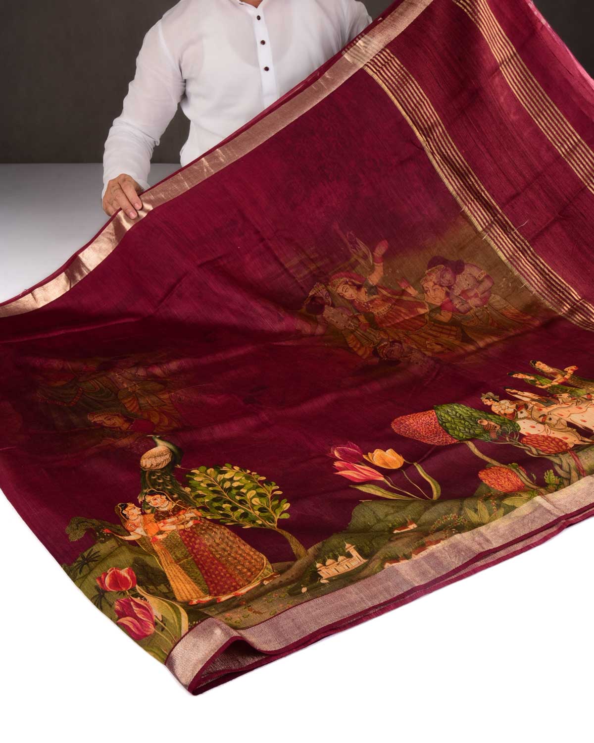 Maroon Pichwai Printed Muga Silk Saree with Zari Border-HolyWeaves