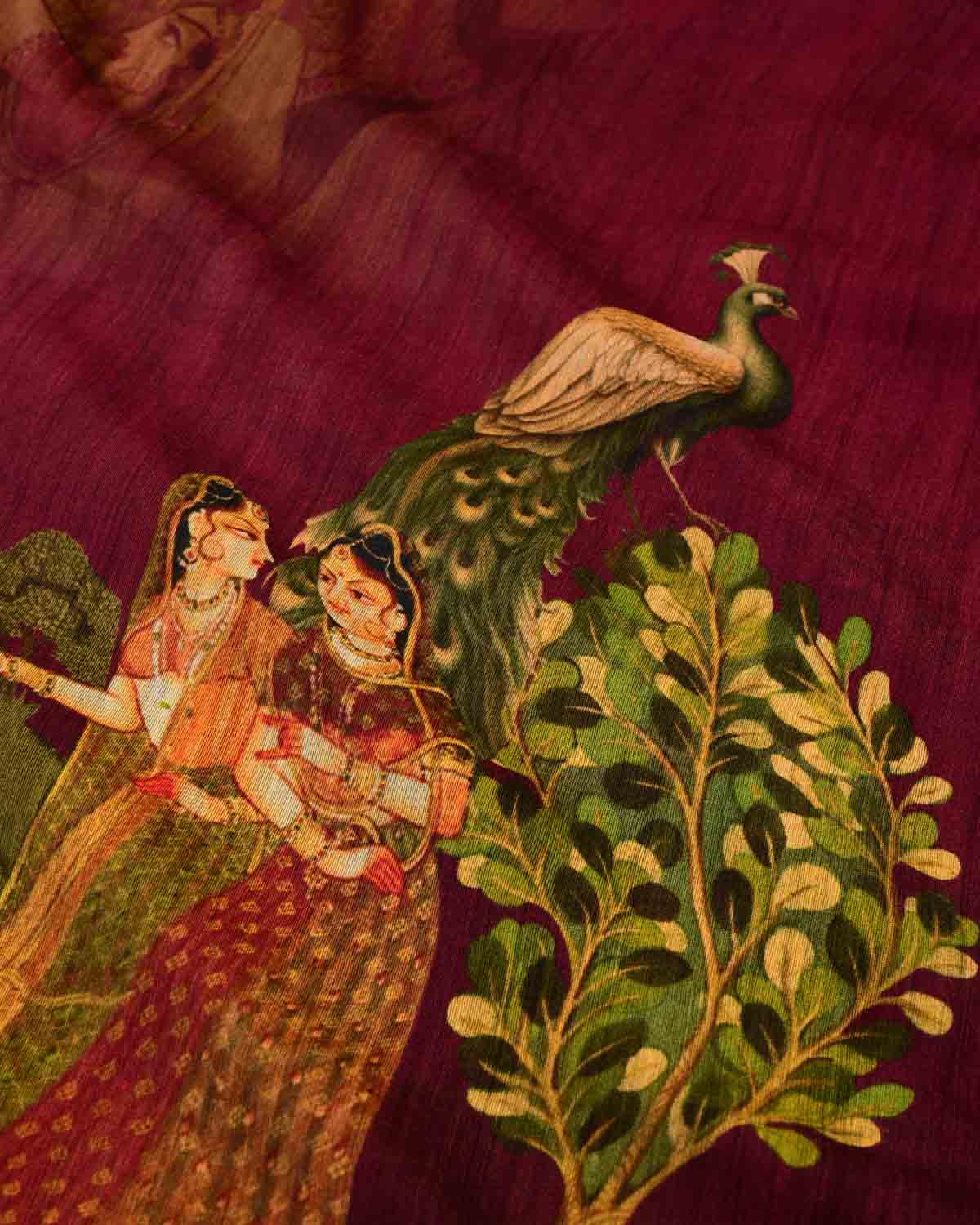 Maroon Pichwai Printed Muga Silk Saree with Zari Border-HolyWeaves