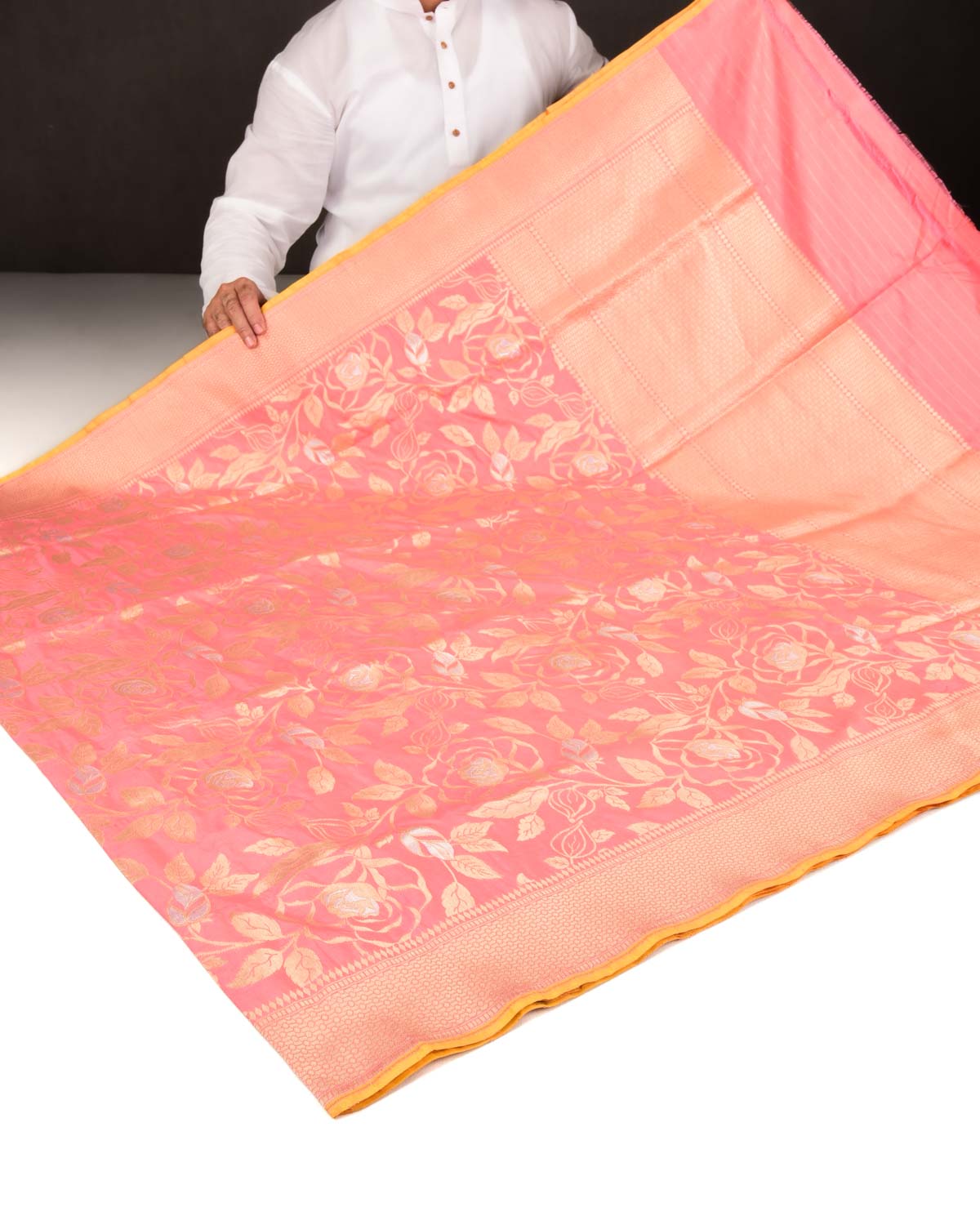 Salmon Pink Banarasi Gold & Silver Zari Alfi Floral Jaal Cutwork Brocade Handwoven Katan Silk Saree-HolyWeaves