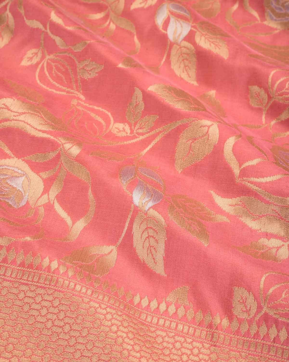 Salmon Pink Banarasi Gold & Silver Zari Alfi Floral Jaal Cutwork Brocade Handwoven Katan Silk Saree-HolyWeaves
