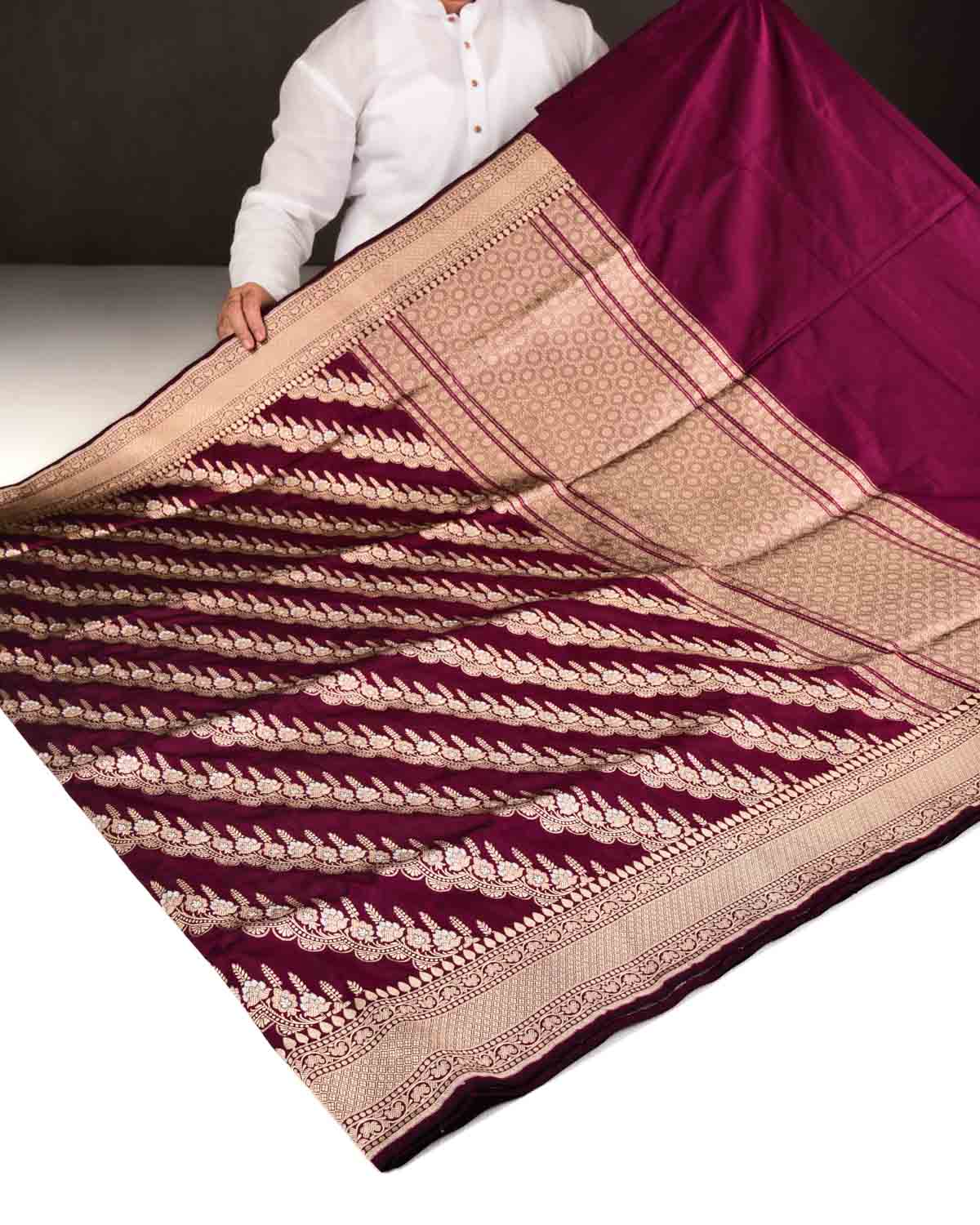 Purple Banarasi Gold & Silver Zari Alfi Diagonal Floral Stripes Cutwork Brocade Handwoven Katan Silk Saree-HolyWeaves