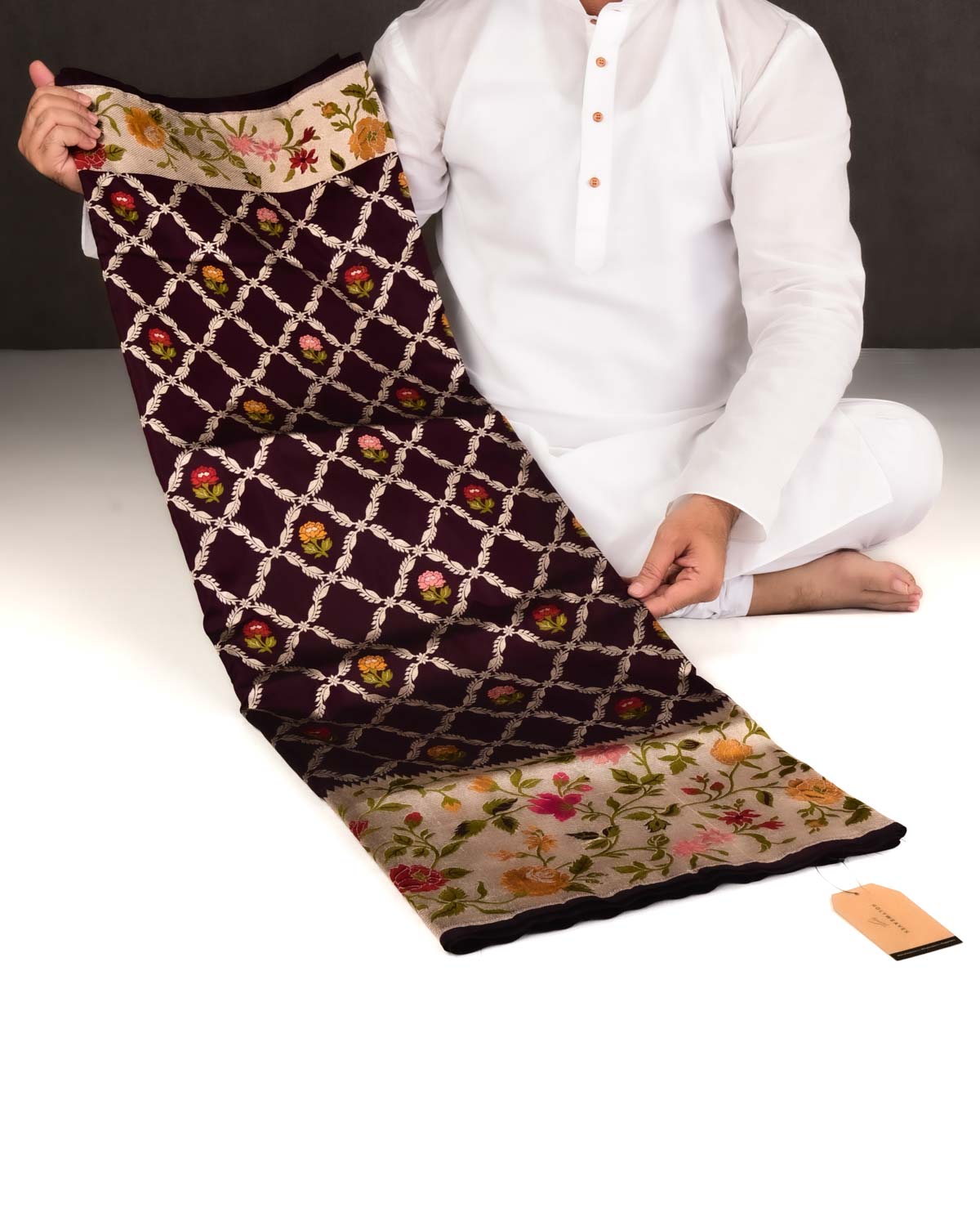 Mahogany Banarasi Gold Zari Jangla Cutwork Brocade Handwoven Katan Silk Saree with Meenekari Buti & Border Pallu-HolyWeaves