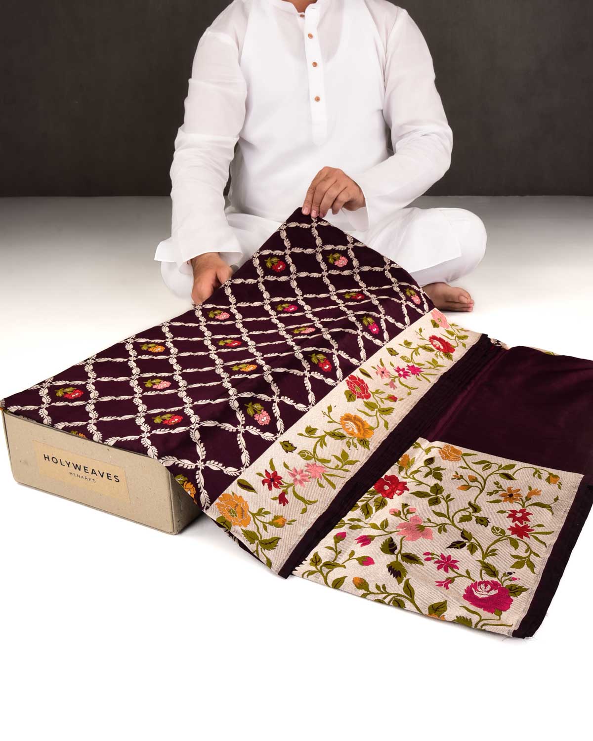 Mahogany Banarasi Gold Zari Jangla Cutwork Brocade Handwoven Katan Silk Saree with Meenekari Buti & Border Pallu-HolyWeaves