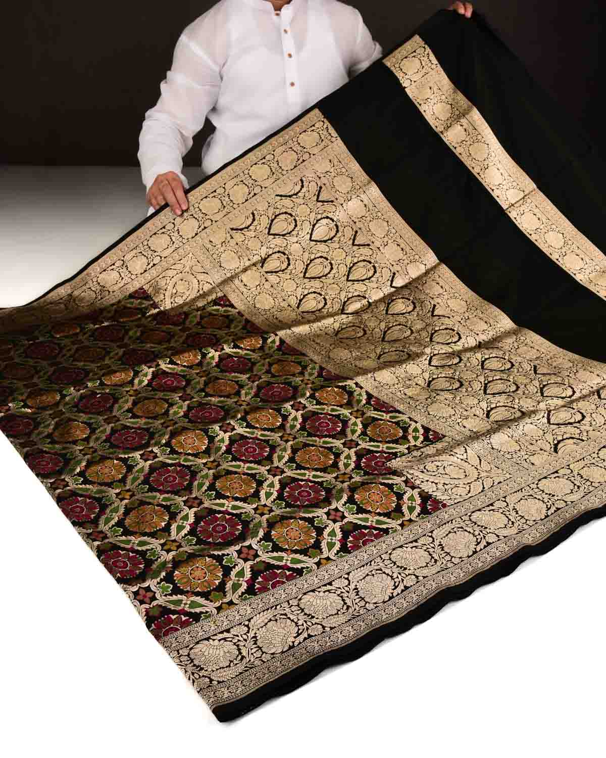 Black Banarasi Gold Zari & Meenekari Jangla Cutwork Brocade Handwoven Katan Silk Saree with Koniya Buta-HolyWeaves