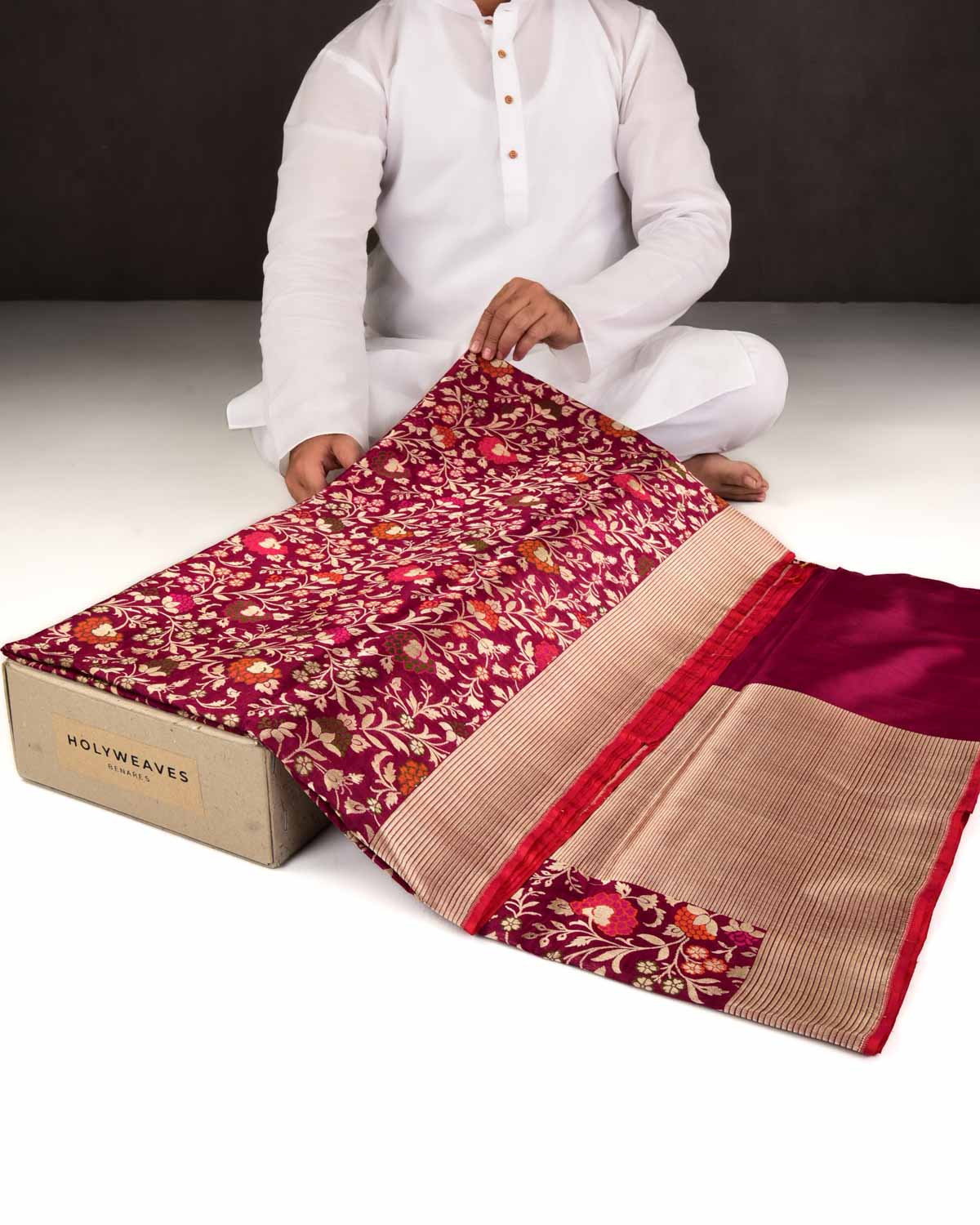 Magenta Banarasi Gold Zari And Resham Tehra Floral Jaal Cutwork Brocade Handwoven Katan Silk Saree-HolyWeaves