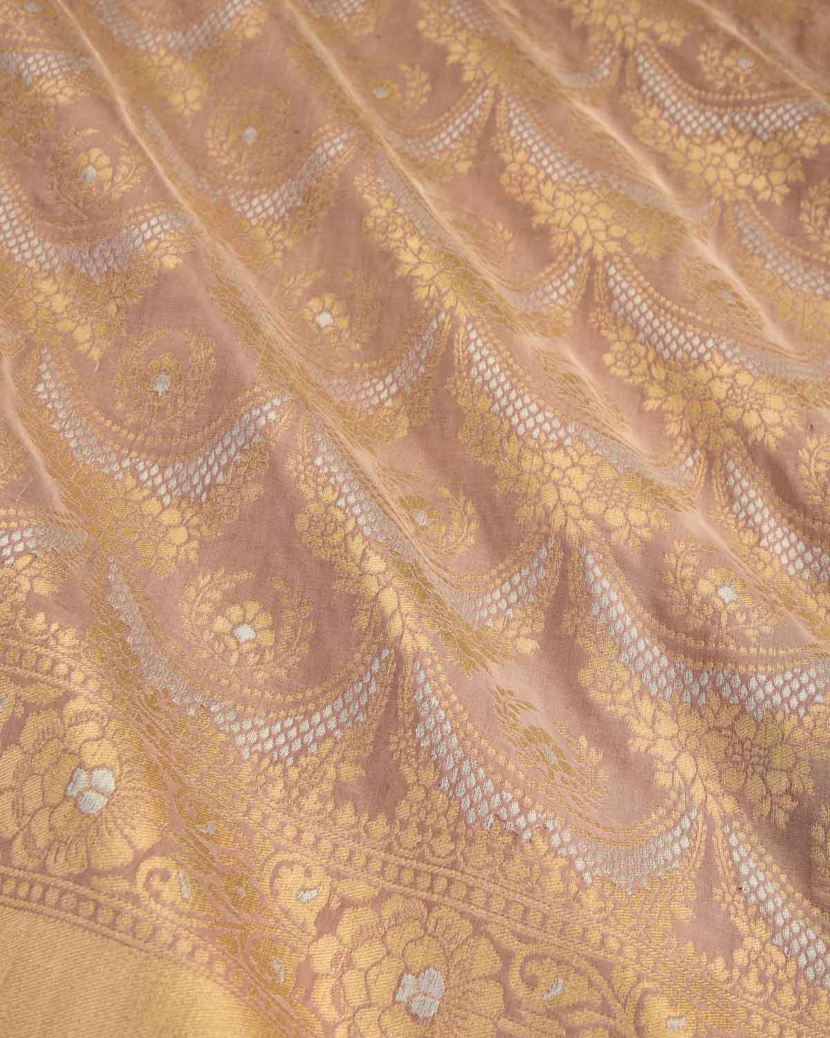 Tuscany Peach Banarasi Gold & Silver Zari Alfi Floral Jaal Cutwork Brocade Handwoven Katan Silk Saree-HolyWeaves