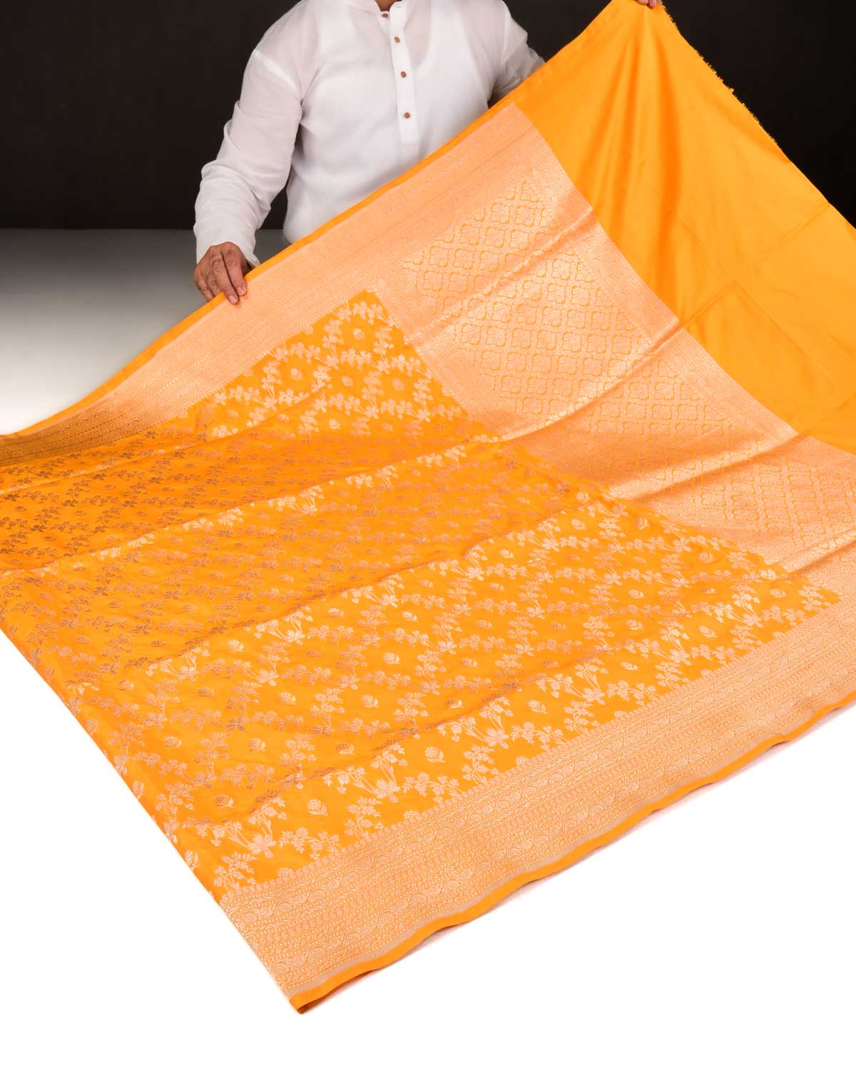 Yellow Banarasi Gold Zari Jangla Cutwork Brocade Handwoven Katan Silk Saree-HolyWeaves