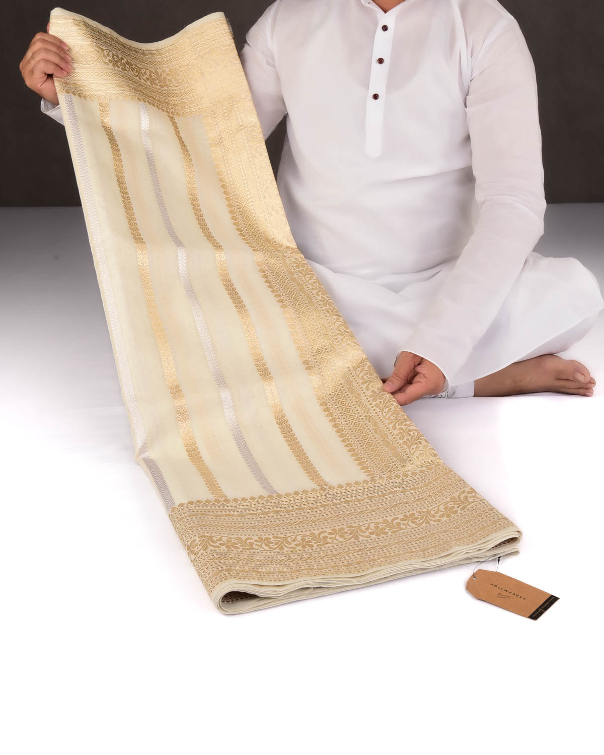 Cream Banarasi Gold & Silver Zari Ornament Stripes Kadhuan Brocade Handwoven Kora Silk Saree-HolyWeaves