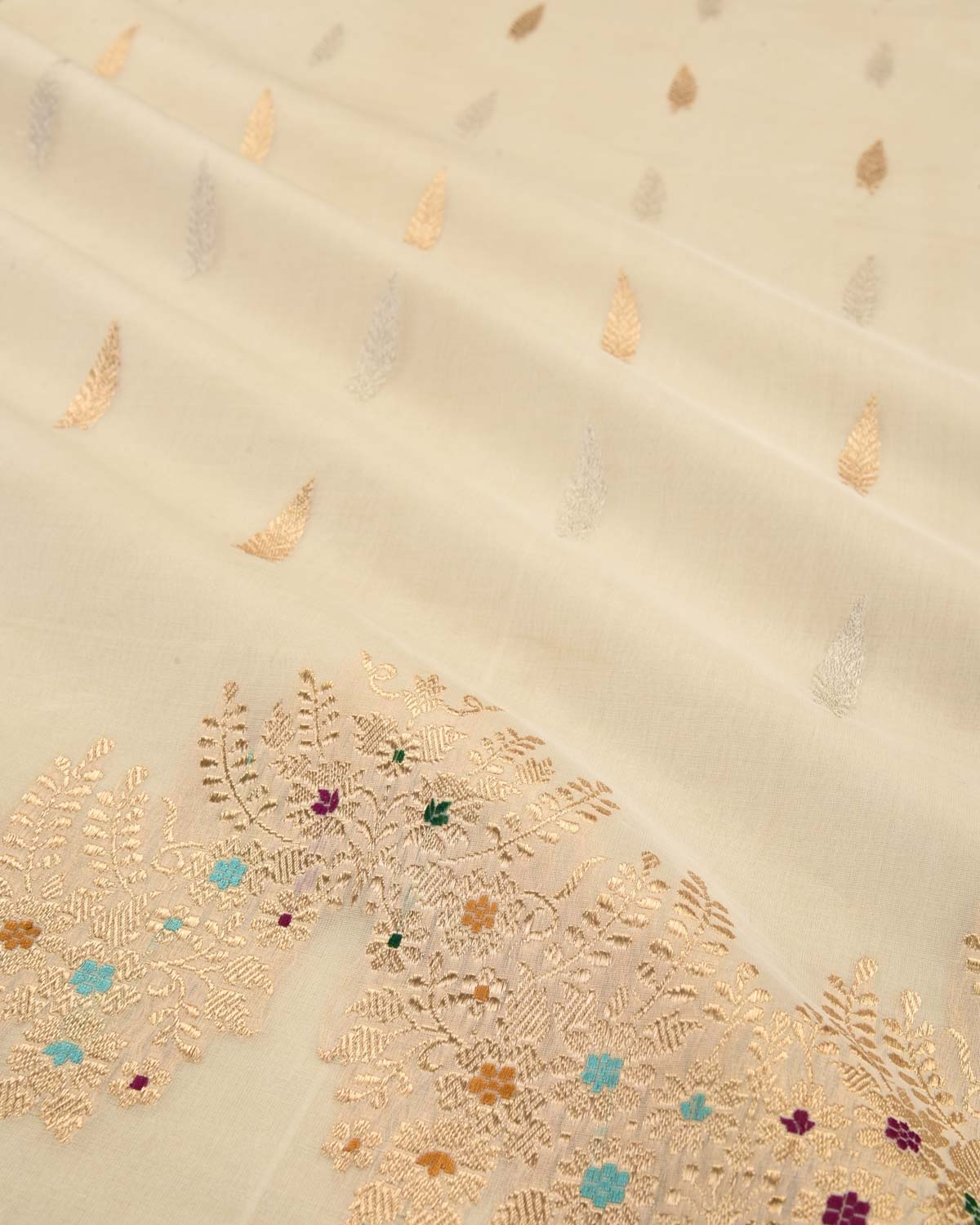 Cream Banarasi Gold & Silver Zari Leaf Buti Kadhuan Brocade Handwoven Kora Silk Saree with Meenekari Border-HolyWeaves