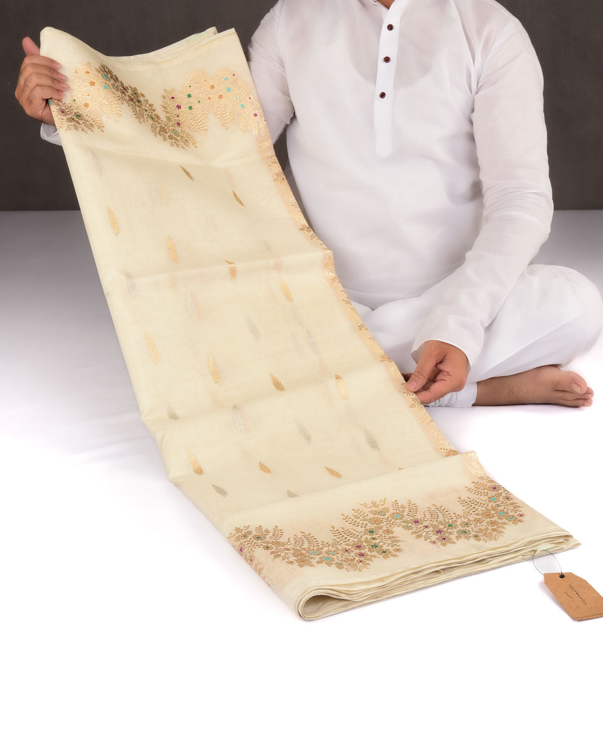 Cream Banarasi Gold & Silver Zari Leaf Buti Kadhuan Brocade Handwoven Kora Silk Saree with Meenekari Border-HolyWeaves