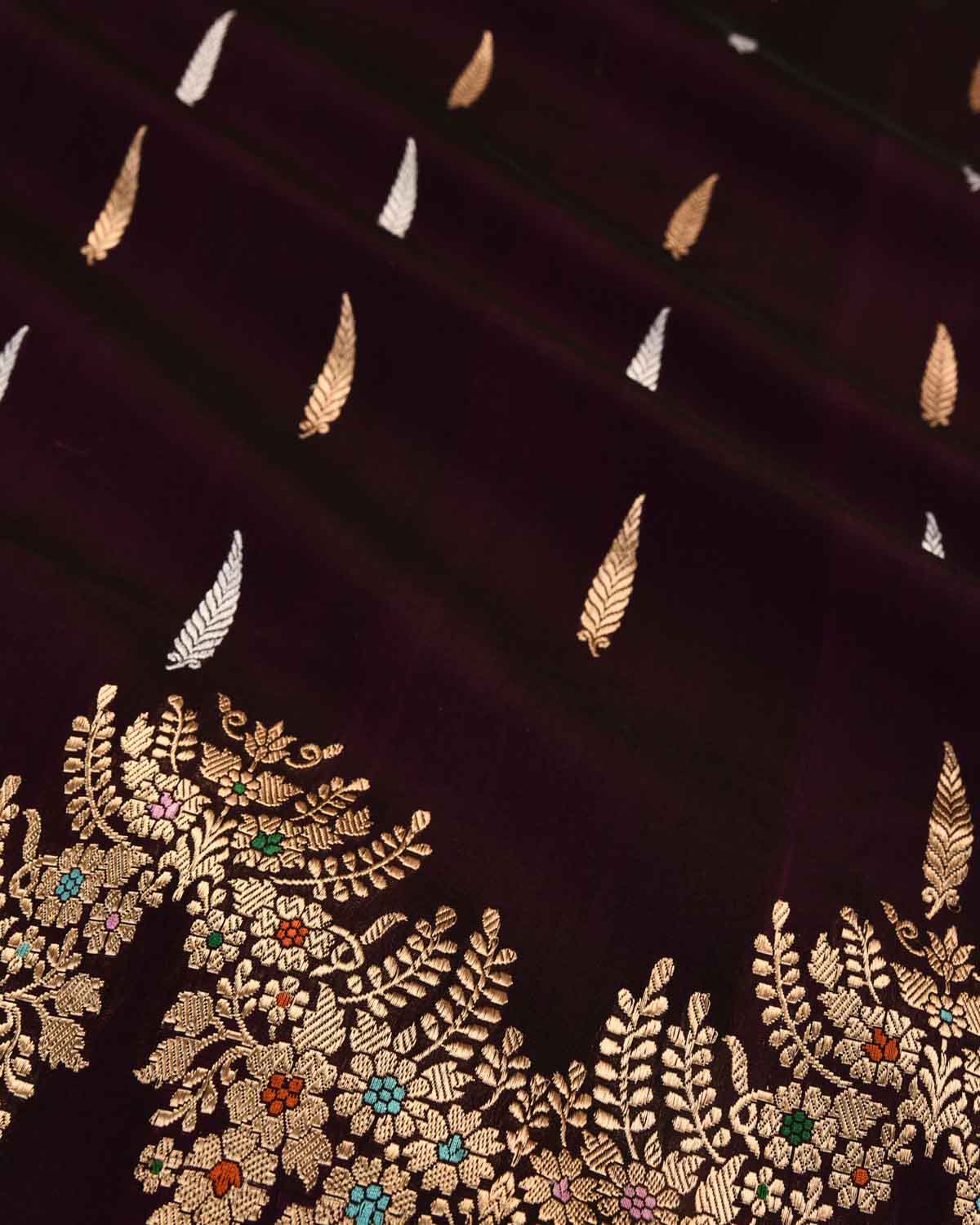 Shot Purple Banarasi Gold & Silver Zari Leaf Buti Kadhuan Brocade Handwoven Kora Silk Saree with Meenekari Border-HolyWeaves