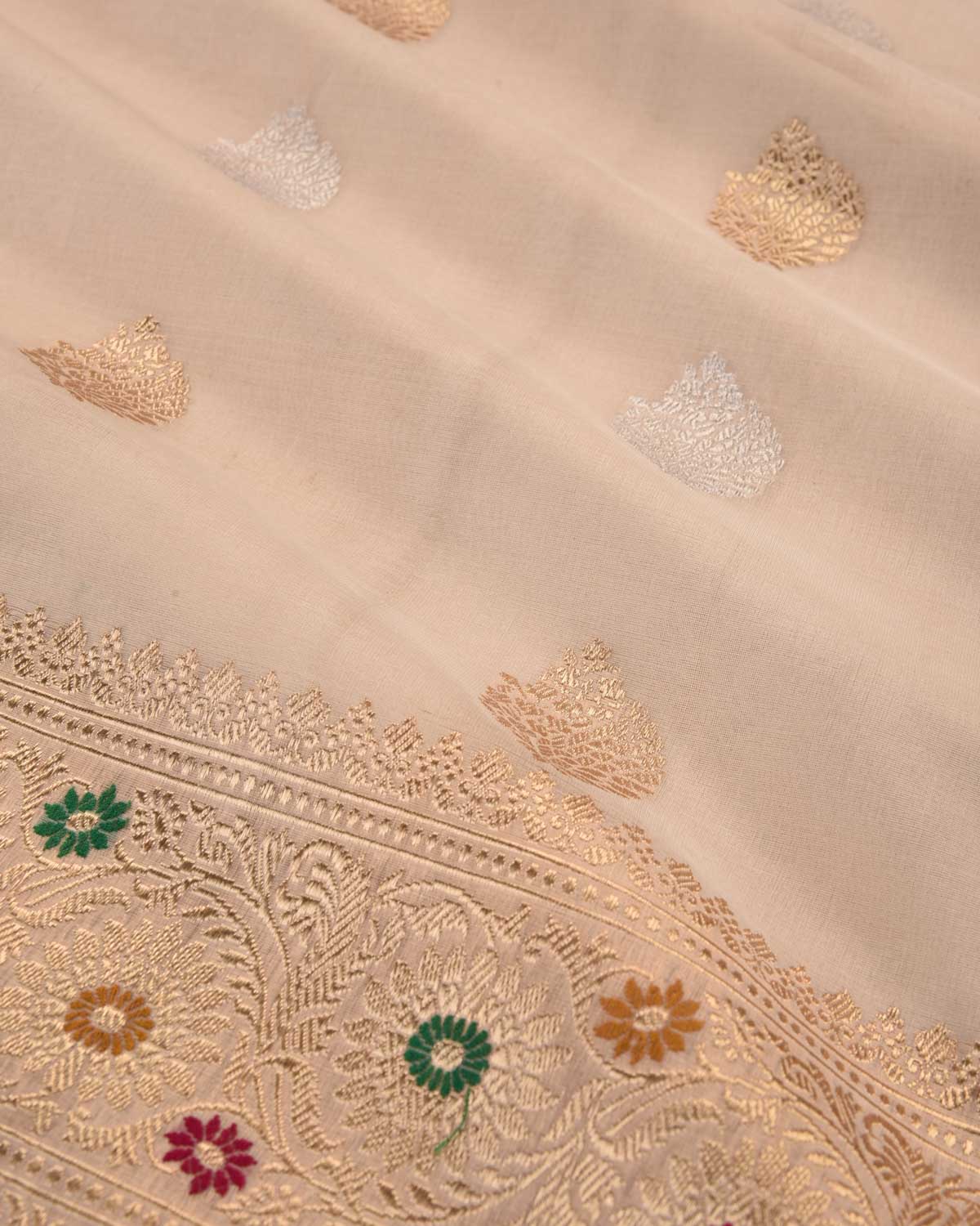 Pink Banarasi Gold & Silver Zari Classic buti Kadhuan Brocade Handwoven Kora Silk Saree with Meenekari Border-HolyWeaves