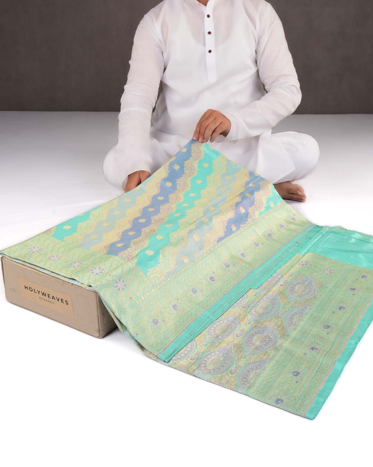Blue-Green Banarasi Gold Zari Diagonal Leheriya Cutwork Brocade Handwoven Katan Silk Saree-HolyWeaves