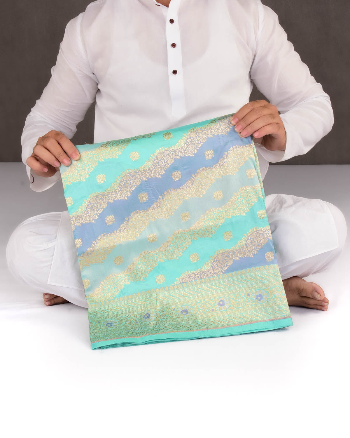 Blue-Green Banarasi Gold Zari Diagonal Leheriya Cutwork Brocade Handwoven Katan Silk Saree-HolyWeaves