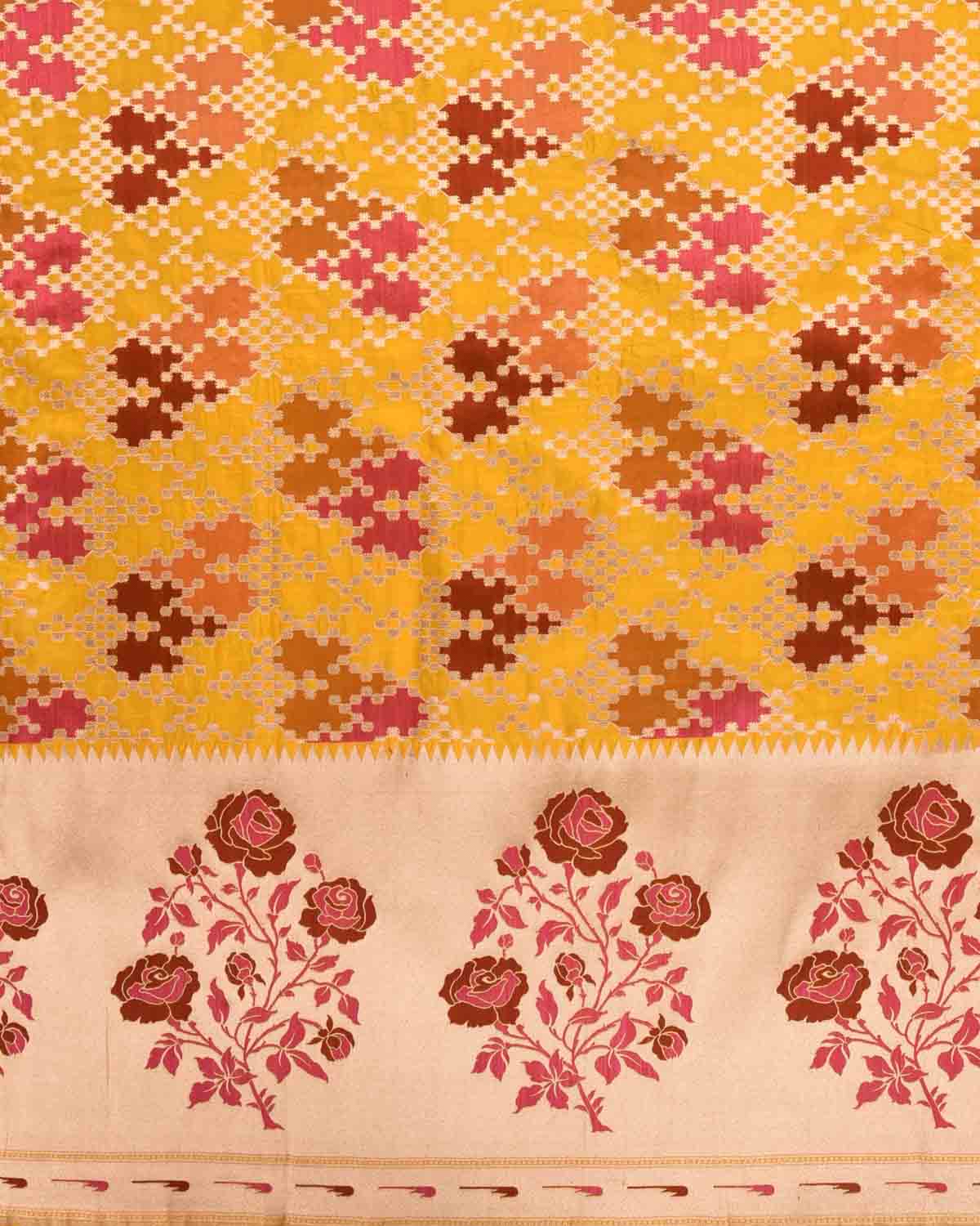Mustard Yellow Banarasi Zari & Resham Zigsaw Cutwork Brocade Handwoven Katan Silk Saree with Chhadi Border-HolyWeaves