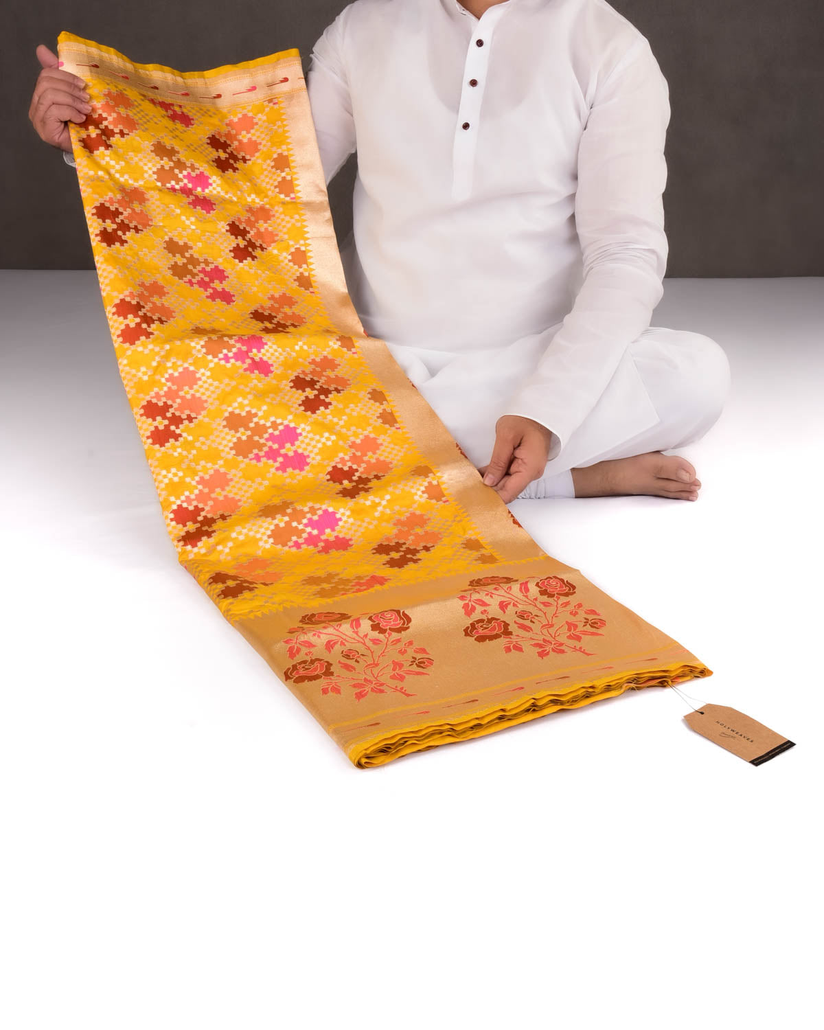 Mustard Yellow Banarasi Zari & Resham Zigsaw Cutwork Brocade Handwoven Katan Silk Saree with Chhadi Border-HolyWeaves