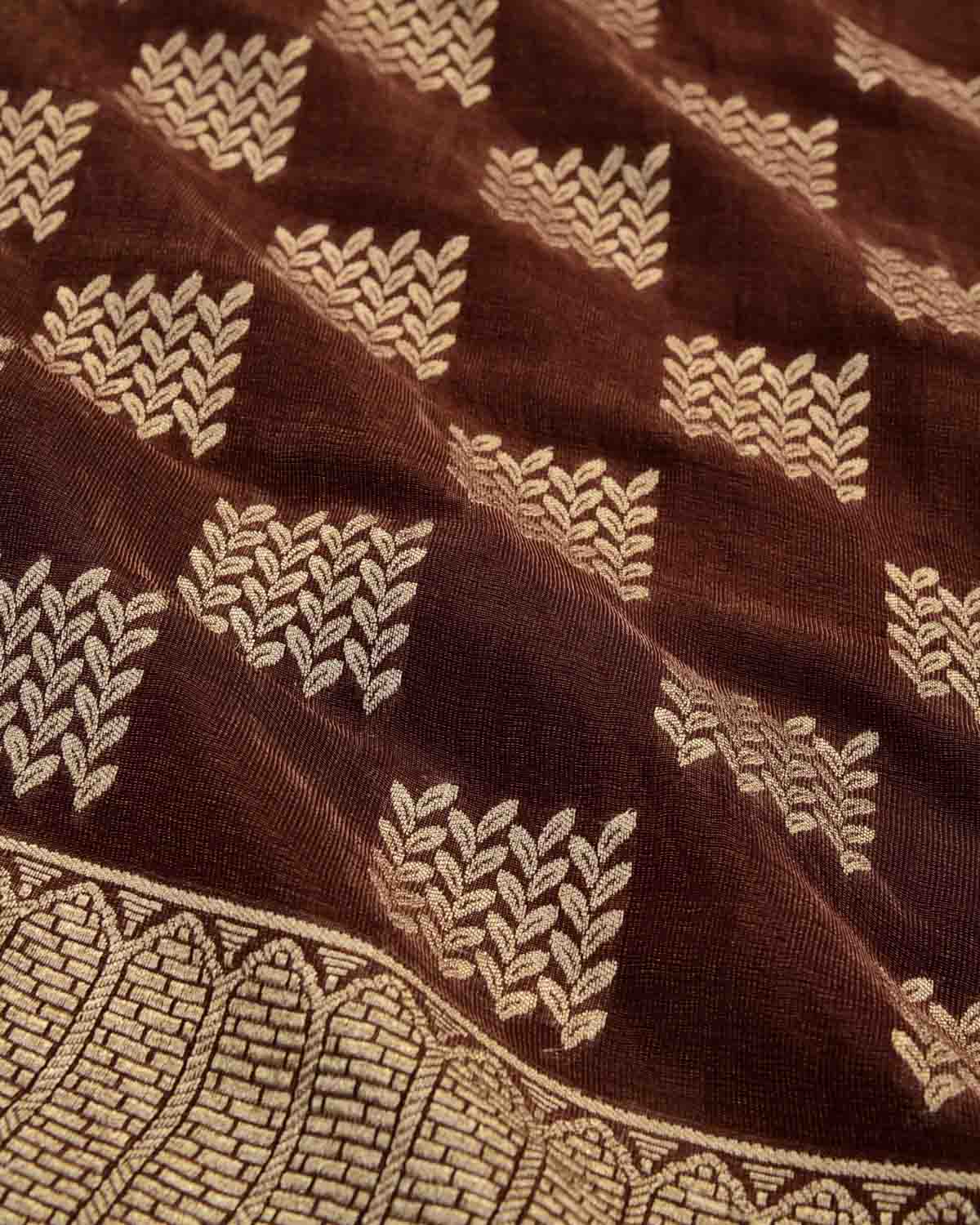 Metallic Brown Banarasi Gold Zari Cutwork Brocade Handwoven Georgette Tissue Saree-HolyWeaves