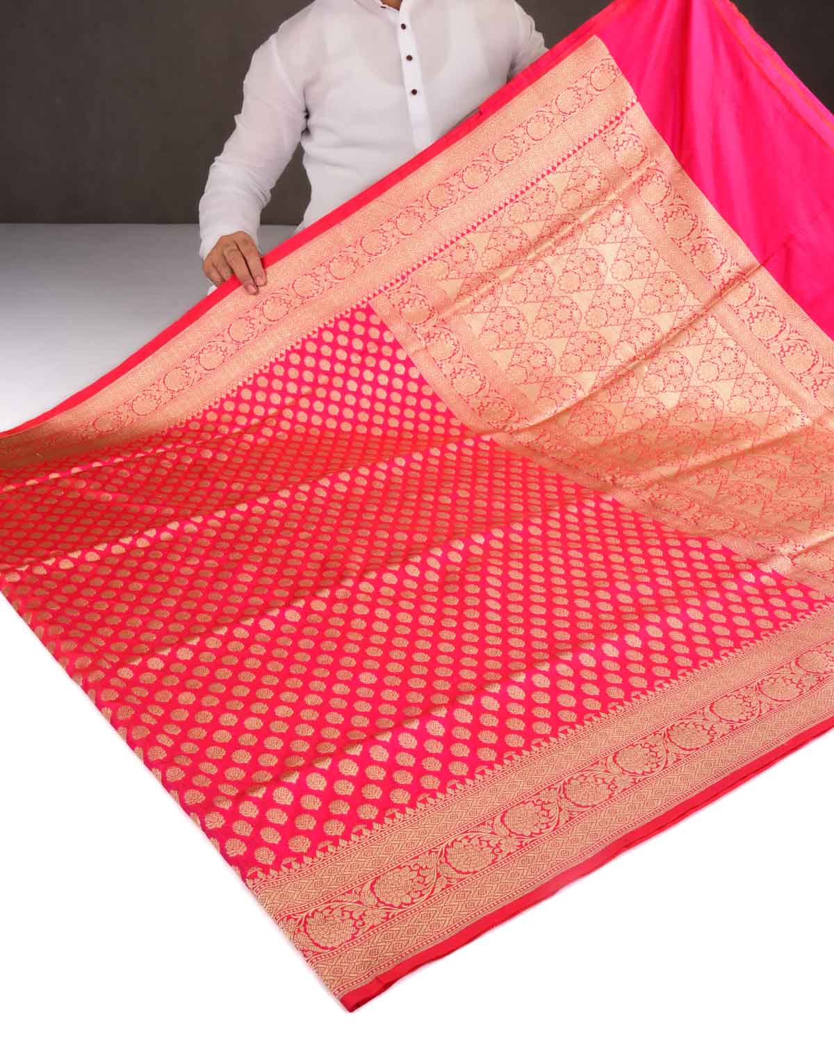 Shot Pink-Red Banarasi Gold Zari Buti Cutwork Brocade Handwoven Katan Silk Saree-HolyWeaves