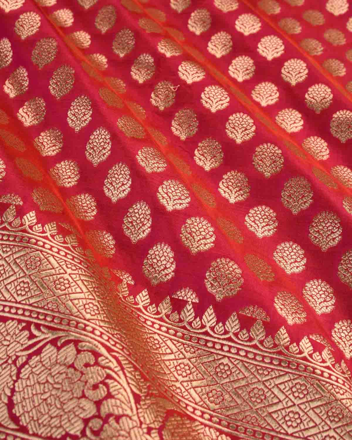 Shot Pink-Red Banarasi Gold Zari Buti Cutwork Brocade Handwoven Katan Silk Saree-HolyWeaves