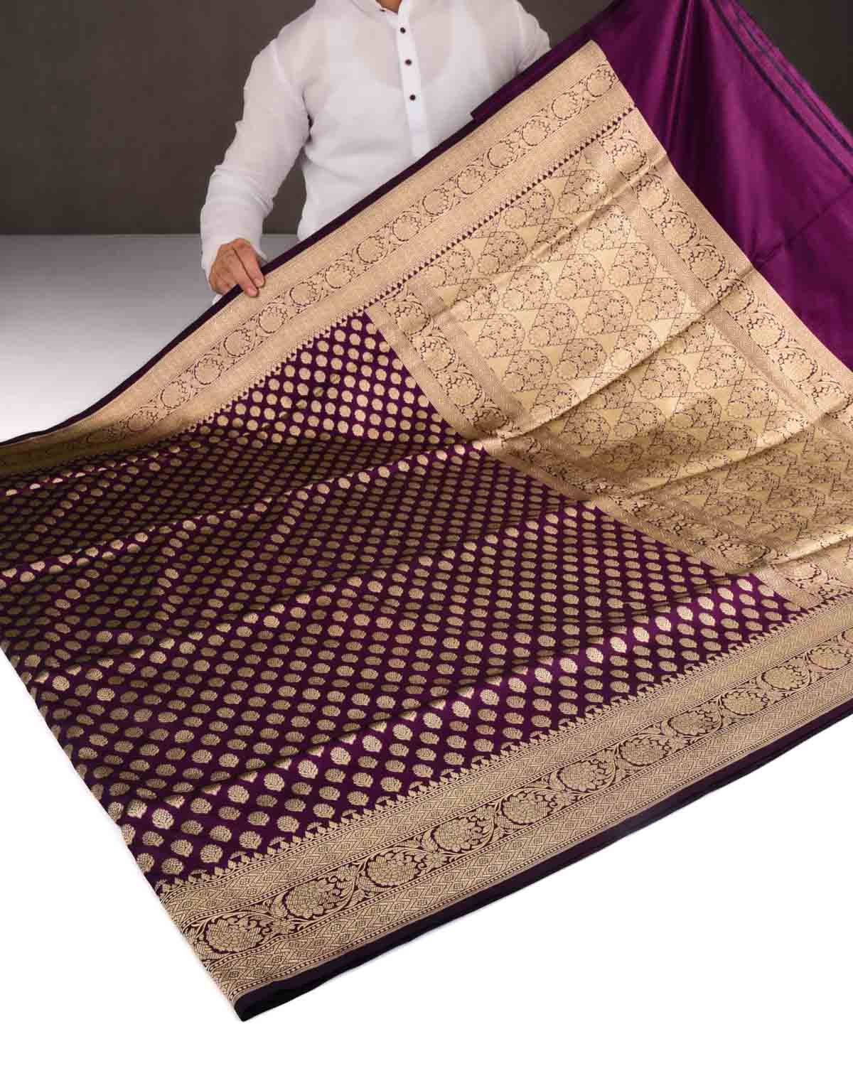 Purple Banarasi Gold Zari Buti Cutwork Brocade Handwoven Katan Silk Saree-HolyWeaves