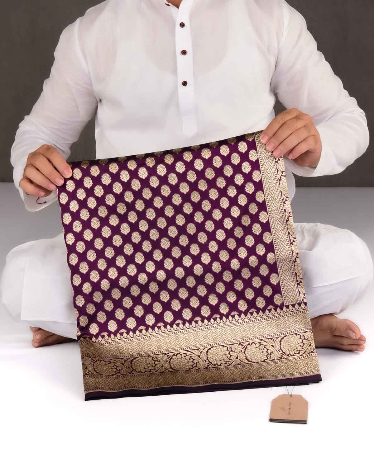 Purple Banarasi Gold Zari Buti Cutwork Brocade Handwoven Katan Silk Saree-HolyWeaves