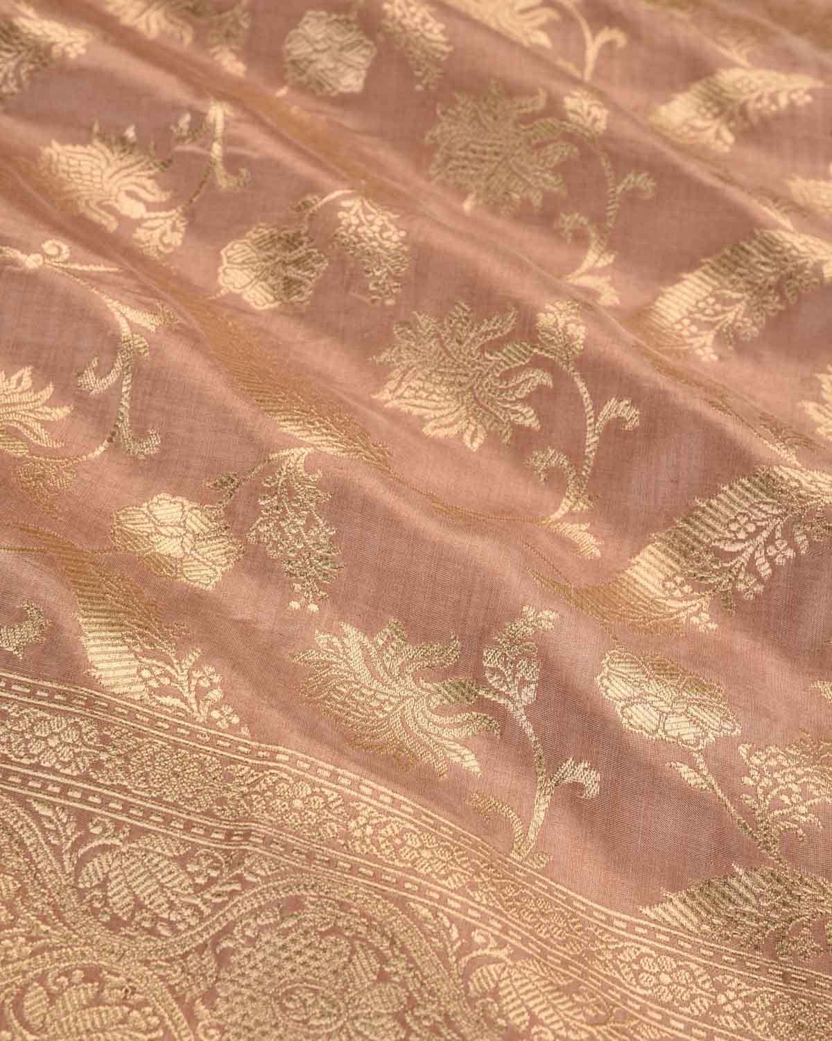Tuscany Peach Banarasi Gold Zari Floral Jaal Cutwork Brocade Handwoven Katan Silk Saree-HolyWeaves