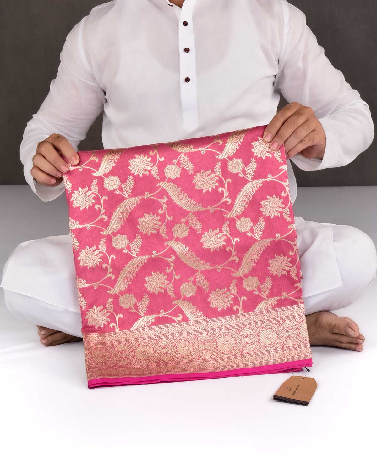 Thulian Pink Banarasi Gold Zari Floral Jaal Cutwork Brocade Handwoven Katan Silk Saree-HolyWeaves