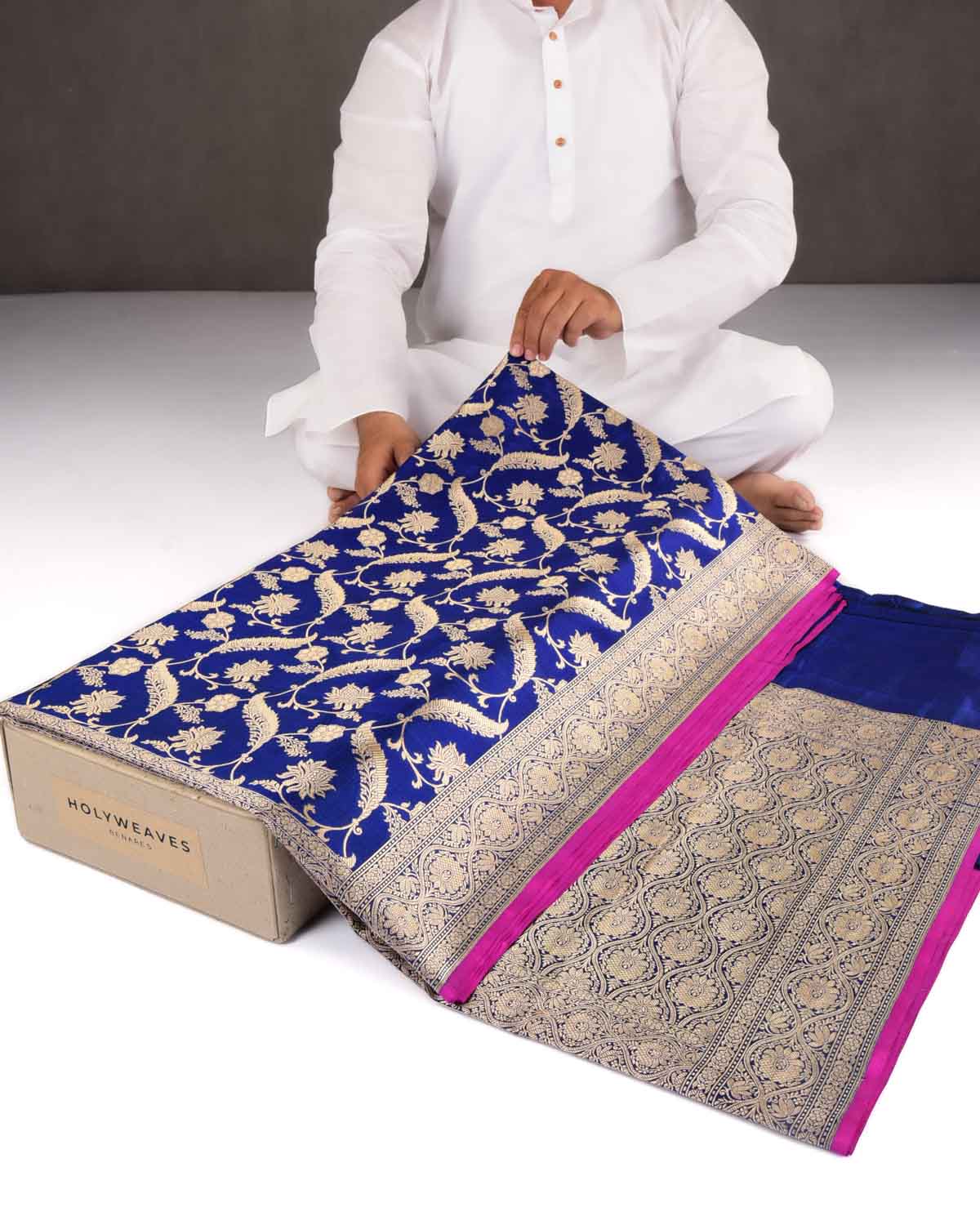 Royal Blue Banarasi Gold Zari Floral Jaal Cutwork Brocade Handwoven Katan Silk Saree-HolyWeaves