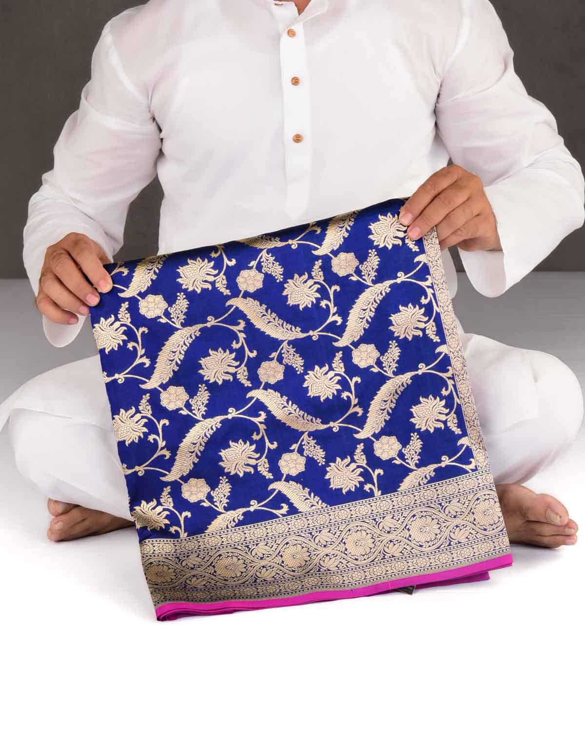 Royal Blue Banarasi Gold Zari Floral Jaal Cutwork Brocade Handwoven Katan Silk Saree-HolyWeaves