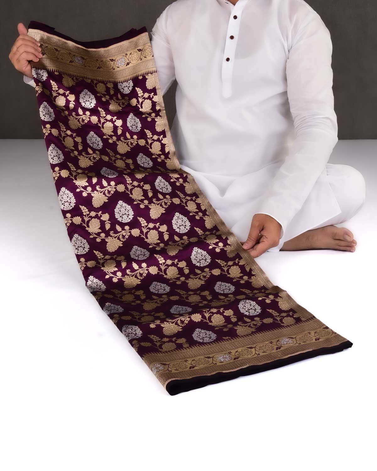 Purple Banarasi Gold & Silver Zari Jaal Cutwork Brocade Handwoven Katan Silk Saree-HolyWeaves