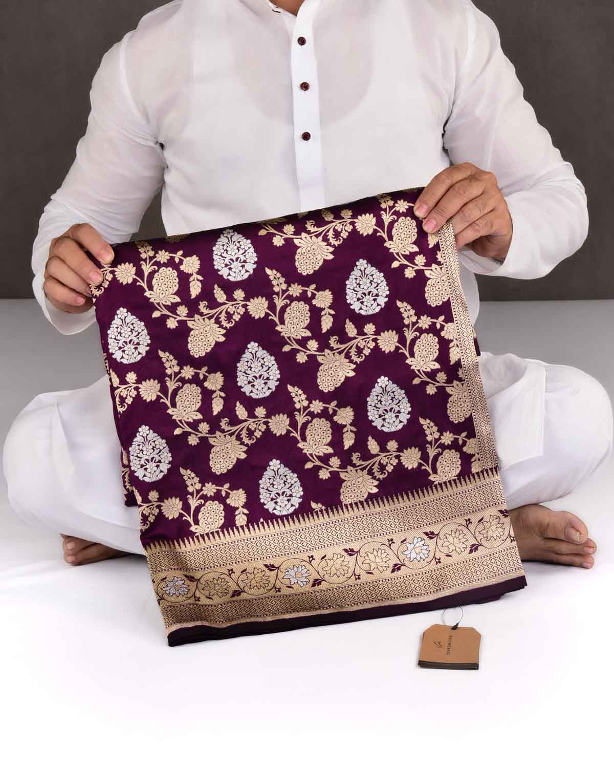 Purple Banarasi Gold & Silver Zari Jaal Cutwork Brocade Handwoven Katan Silk Saree-HolyWeaves