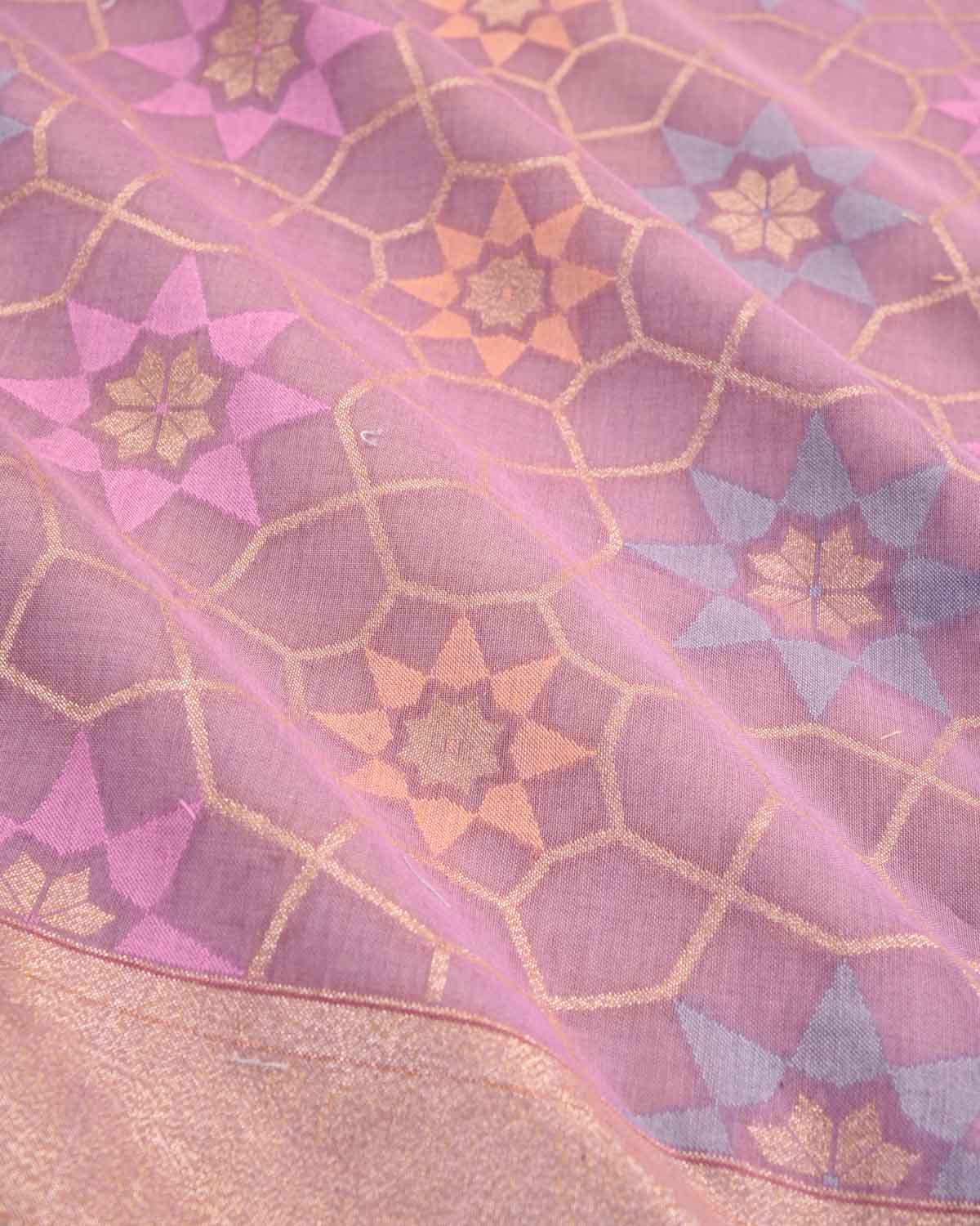 Mauve Banarasi Octagon Grids Ektara Cutwork Brocade Handwoven Cotton Saree-HolyWeaves