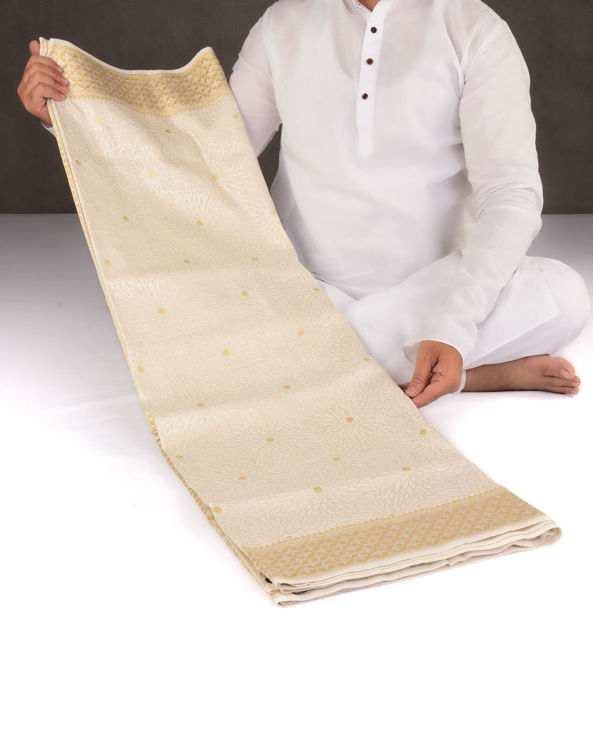 Beige Banarasi Gold & Silver Zari Dahlia Cutwork Brocade Handwoven Muga Silk Saree-HolyWeaves