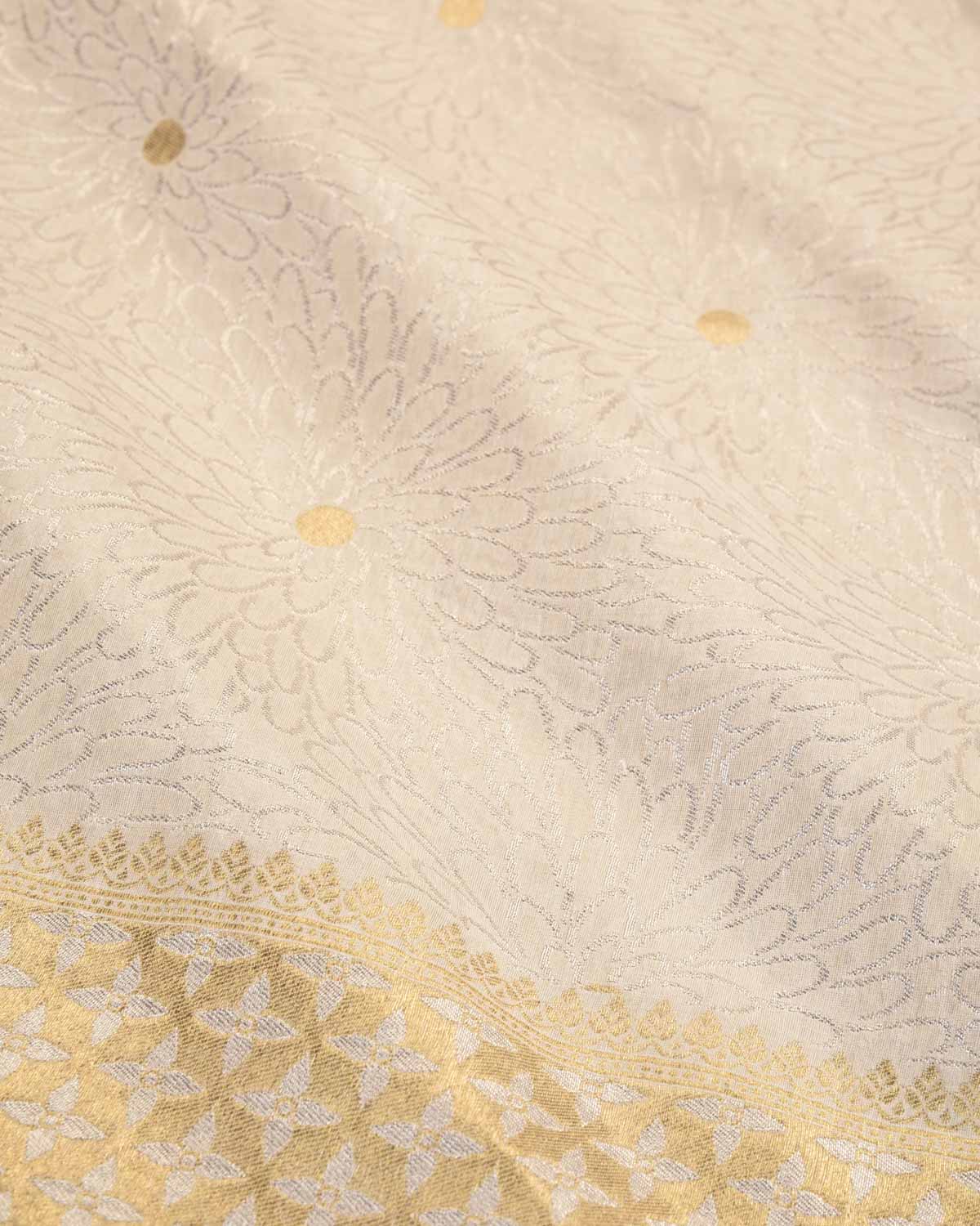 Beige Banarasi Gold & Silver Zari Dahlia Cutwork Brocade Handwoven Muga Silk Saree-HolyWeaves