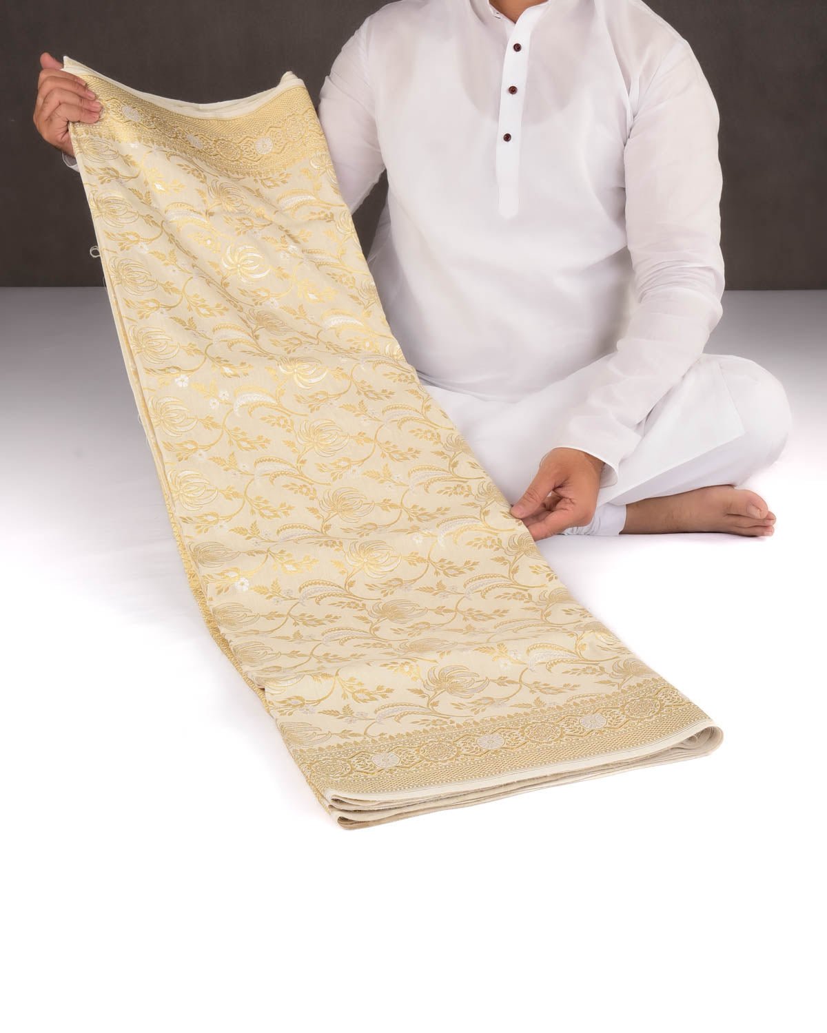 Beige Banarasi Gold & Silver Zari Floral Jaal Cutwork Brocade Handwoven Muga Silk Saree-HolyWeaves