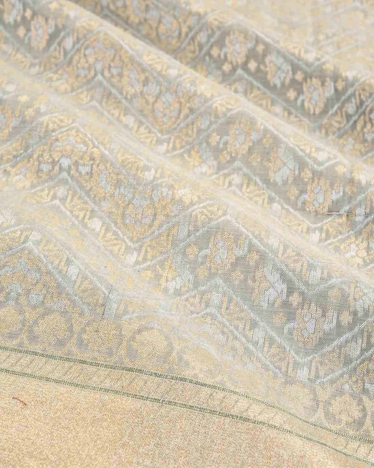 Gray Banarasi Gold & Silver Zari Chevron Ektara Cutwork Brocade Handwoven Cotton Saree-HolyWeaves