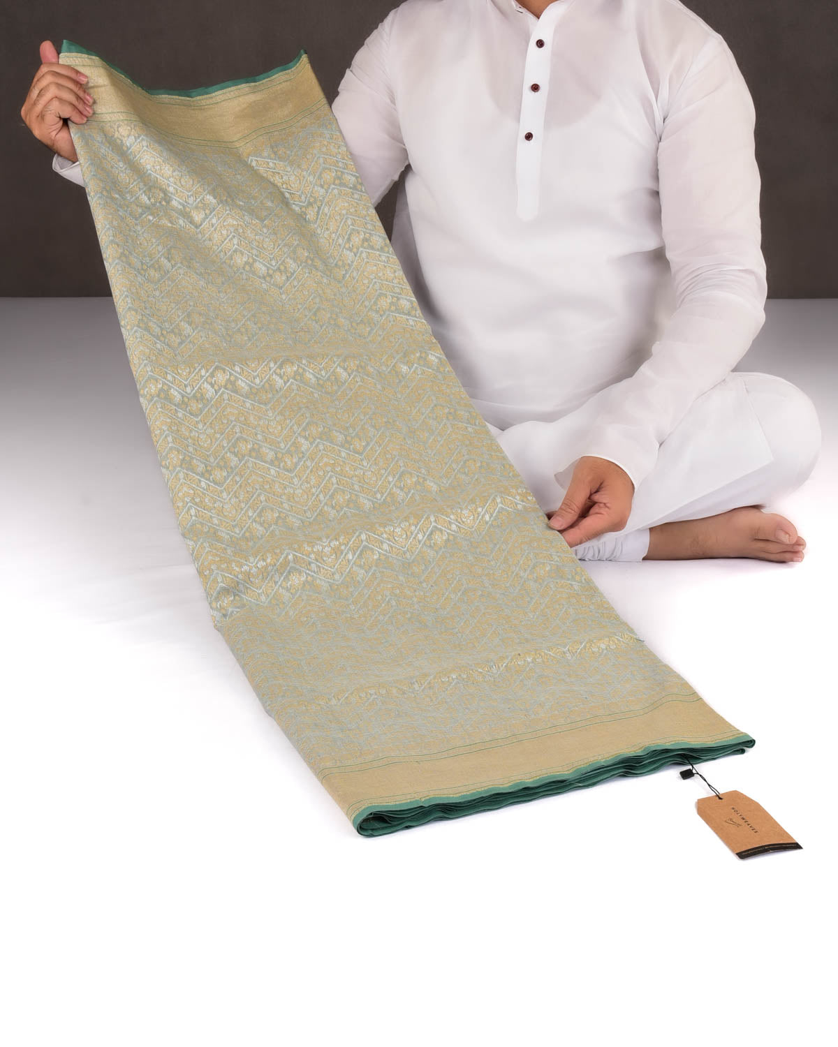 Gray Banarasi Gold & Silver Zari Chevron Ektara Cutwork Brocade Handwoven Cotton Saree-HolyWeaves