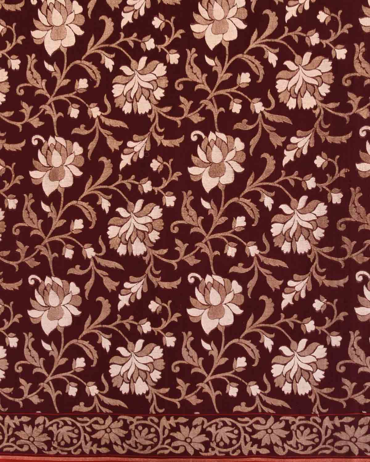 Mahogany Banarasi Gold & Silver Zari Floral Jaal Ektara Cutwork Brocade Handwoven Cotton Saree-HolyWeaves