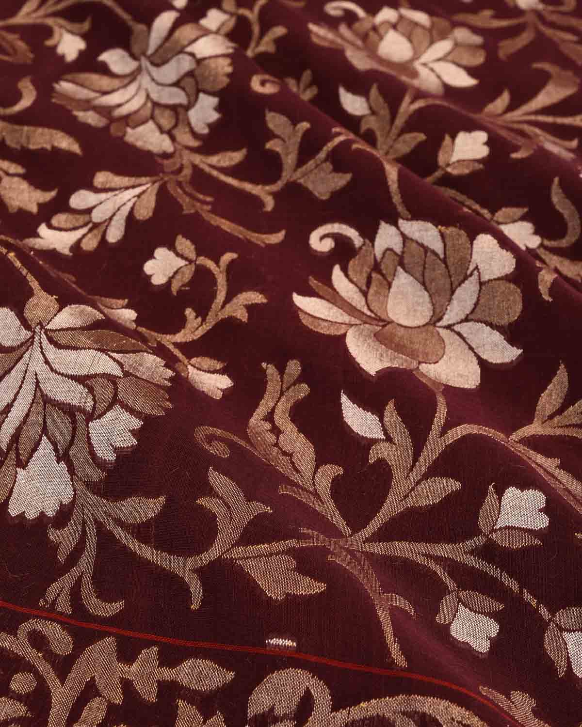 Mahogany Banarasi Gold & Silver Zari Floral Jaal Ektara Cutwork Brocade Handwoven Cotton Saree-HolyWeaves