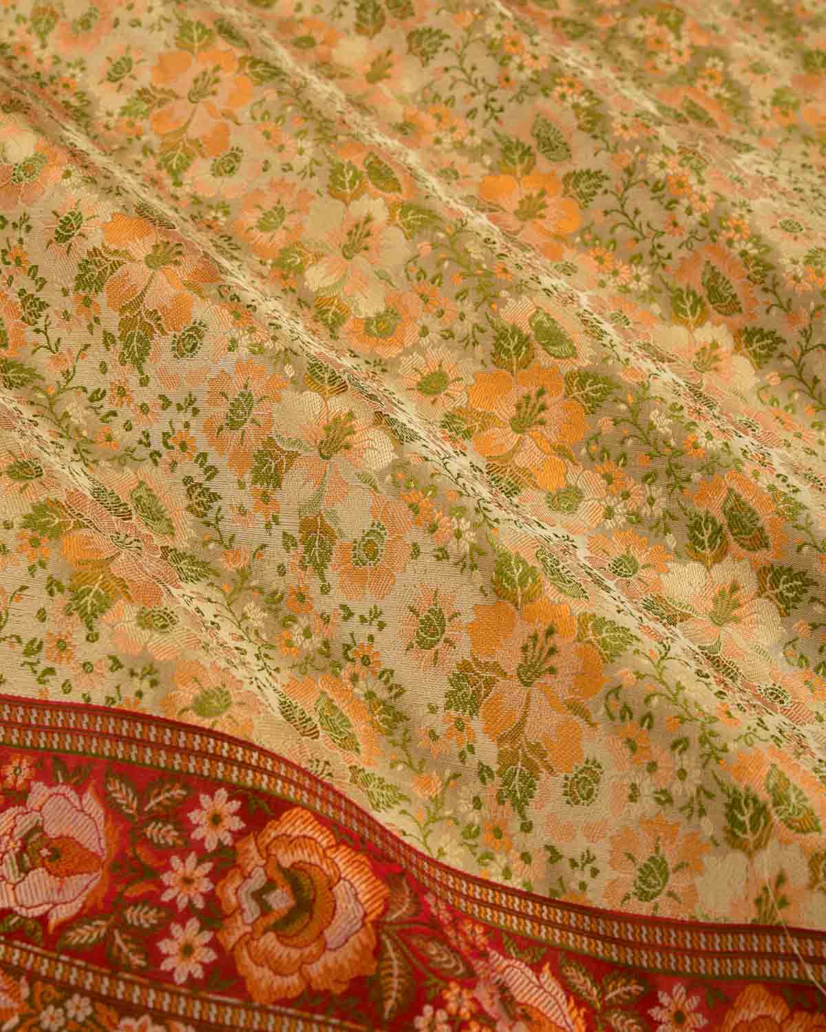 Beige Banarasi Tehra Floral Jaal Jamawar Handwoven Katan Silk Saree with Contrast Red Border Pallu-HolyWeaves
