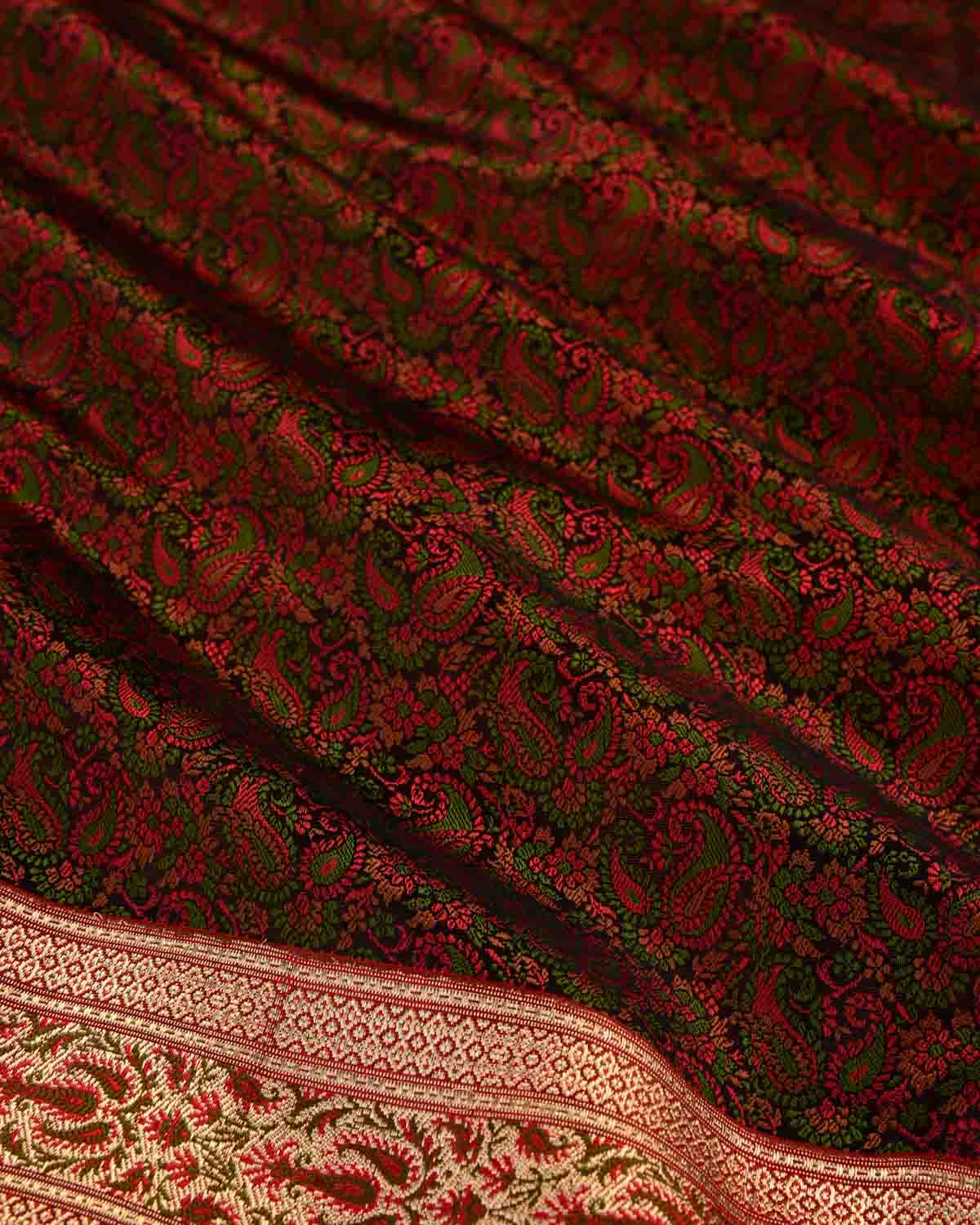 Black Banarasi Tehra Paisley Jaal Jamawar Brocade Handwoven Katan Silk Saree with Gold Zari Border Pallu-HolyWeaves